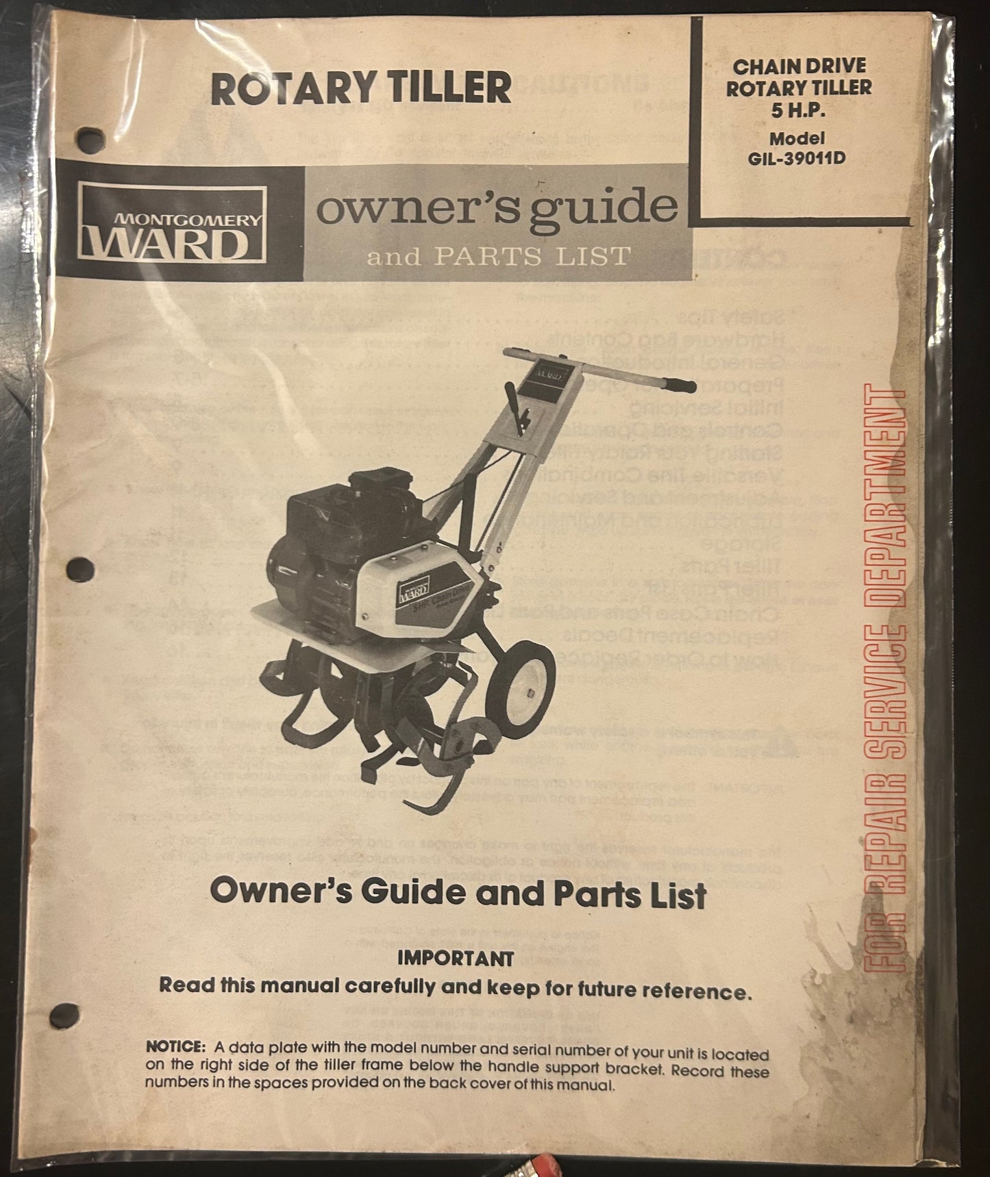 Montgomery Ward _ Chain Drive
Rotary Tiller 5 H.P. Model GIL-39011D _ Owner’s Guide & Parts List
