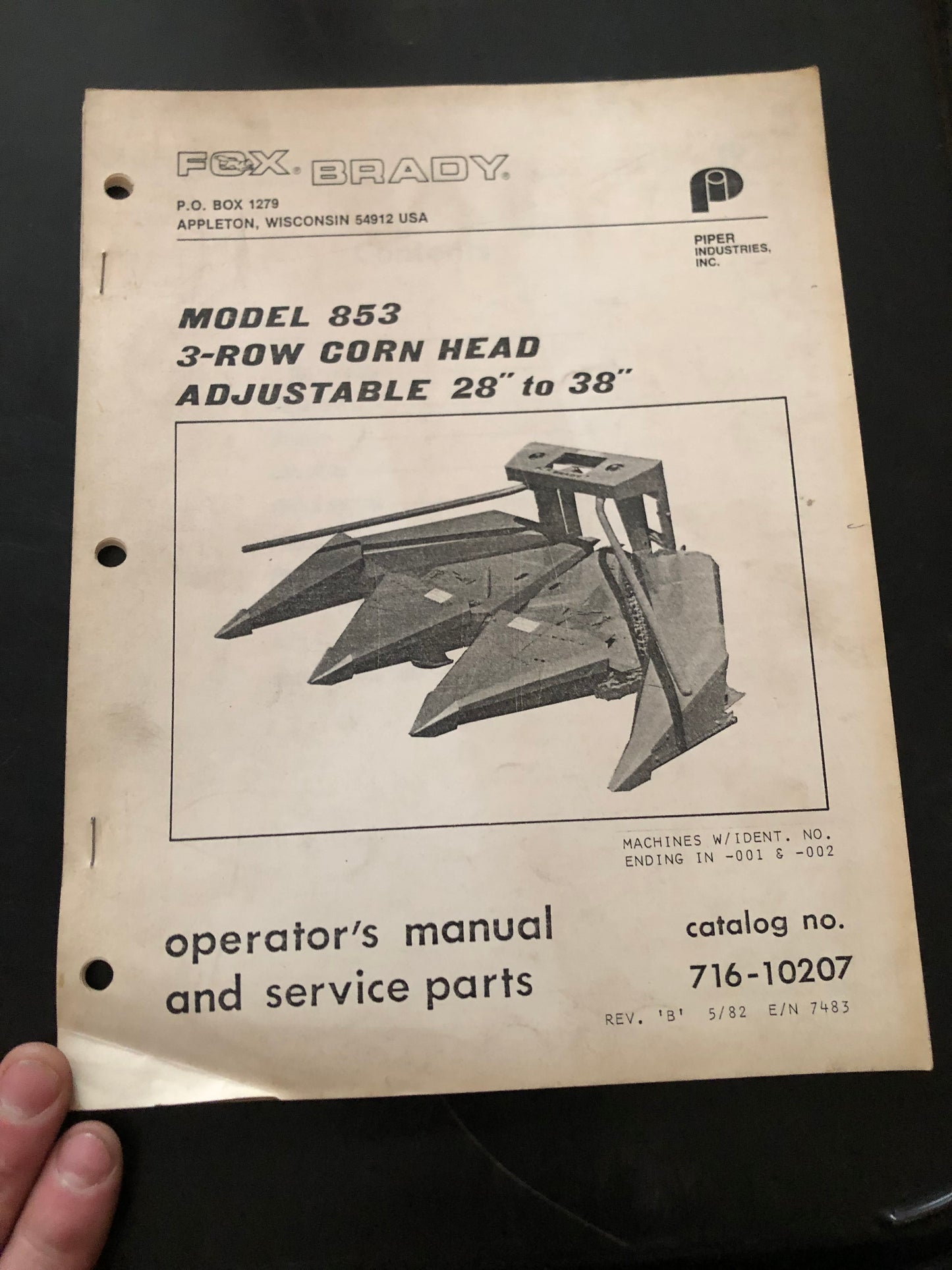 Fox Brady _ model 853 3-Row Corn Head Adjustable 28-38” _ Operator’s Manual & Service Parts no 716-10207