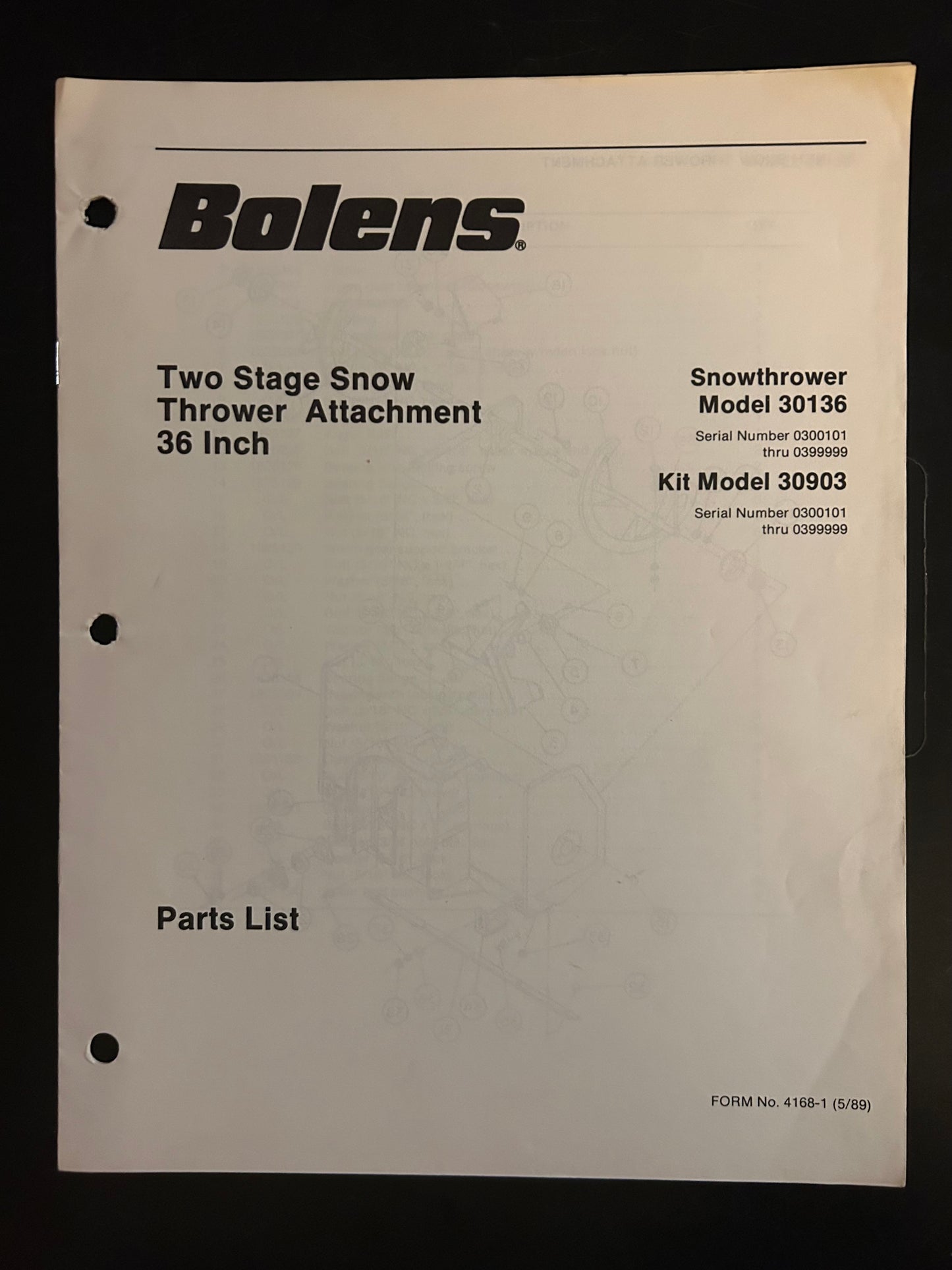 Bolens _ Two Stage Snow Thrower Attachment 36” model 30136 kit model 30903 _ Parts List