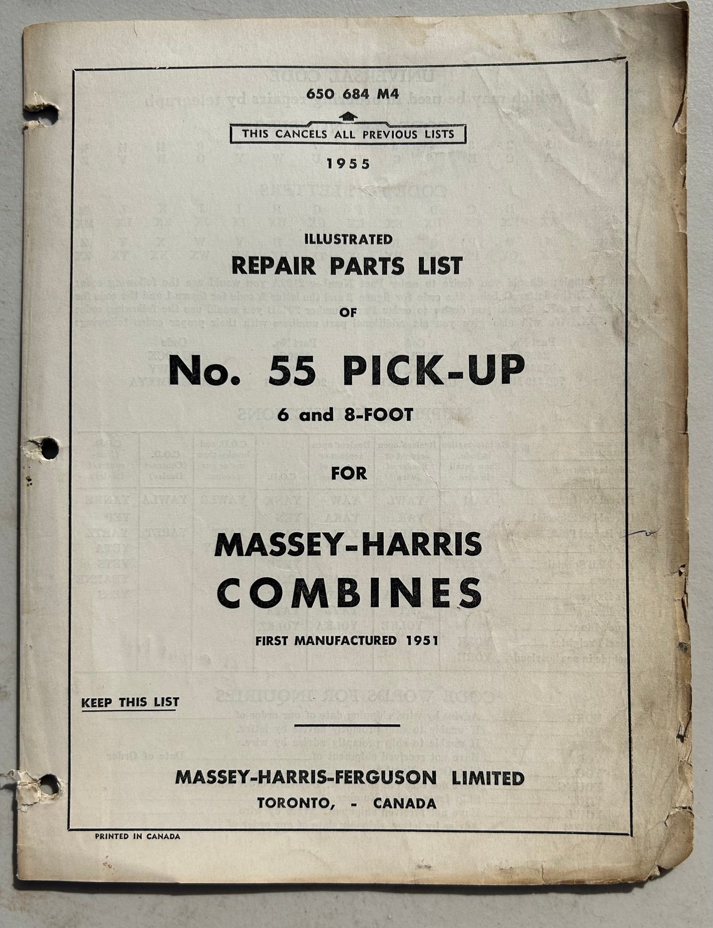 Massey-Harris No. 55 Pick-Up 6’ & 8’ for MH Combines _ Illustrated Repair Parts List