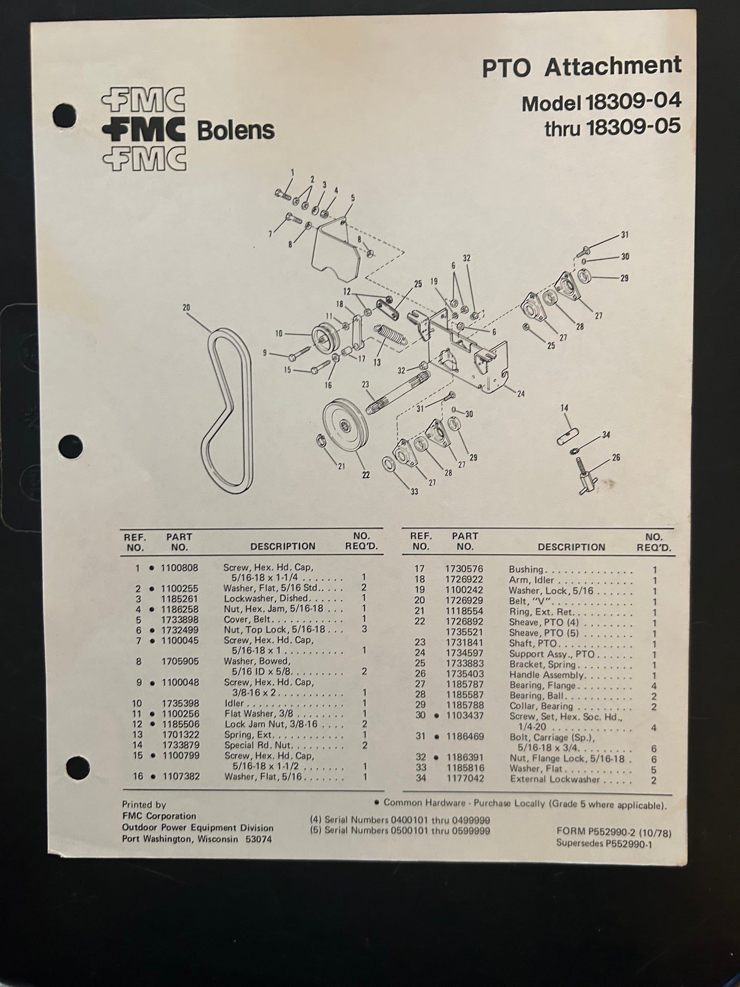 Bolens _ PTO Attachment model 18309-04 & 18309-05 _ Parts List