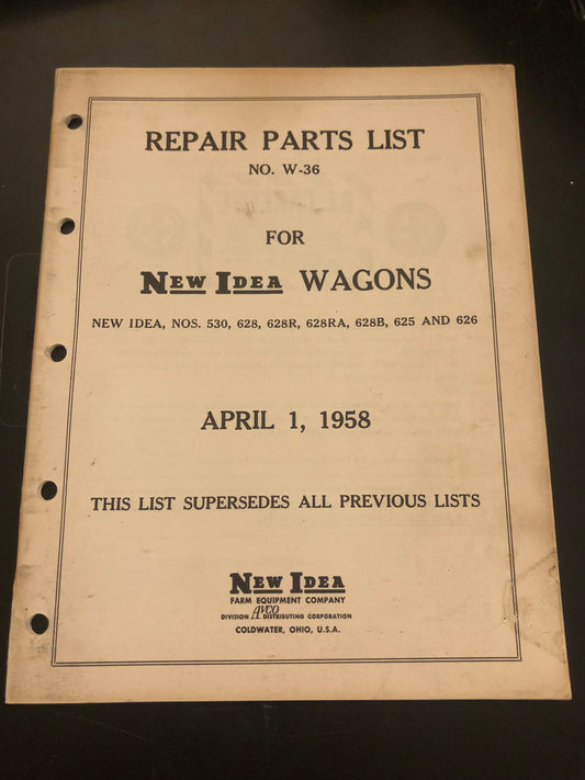 New Idea _ nos. 530, 628, 628R, 628RA, 628B, 625 & 626 Wagons W-36 _ Repair Parts List