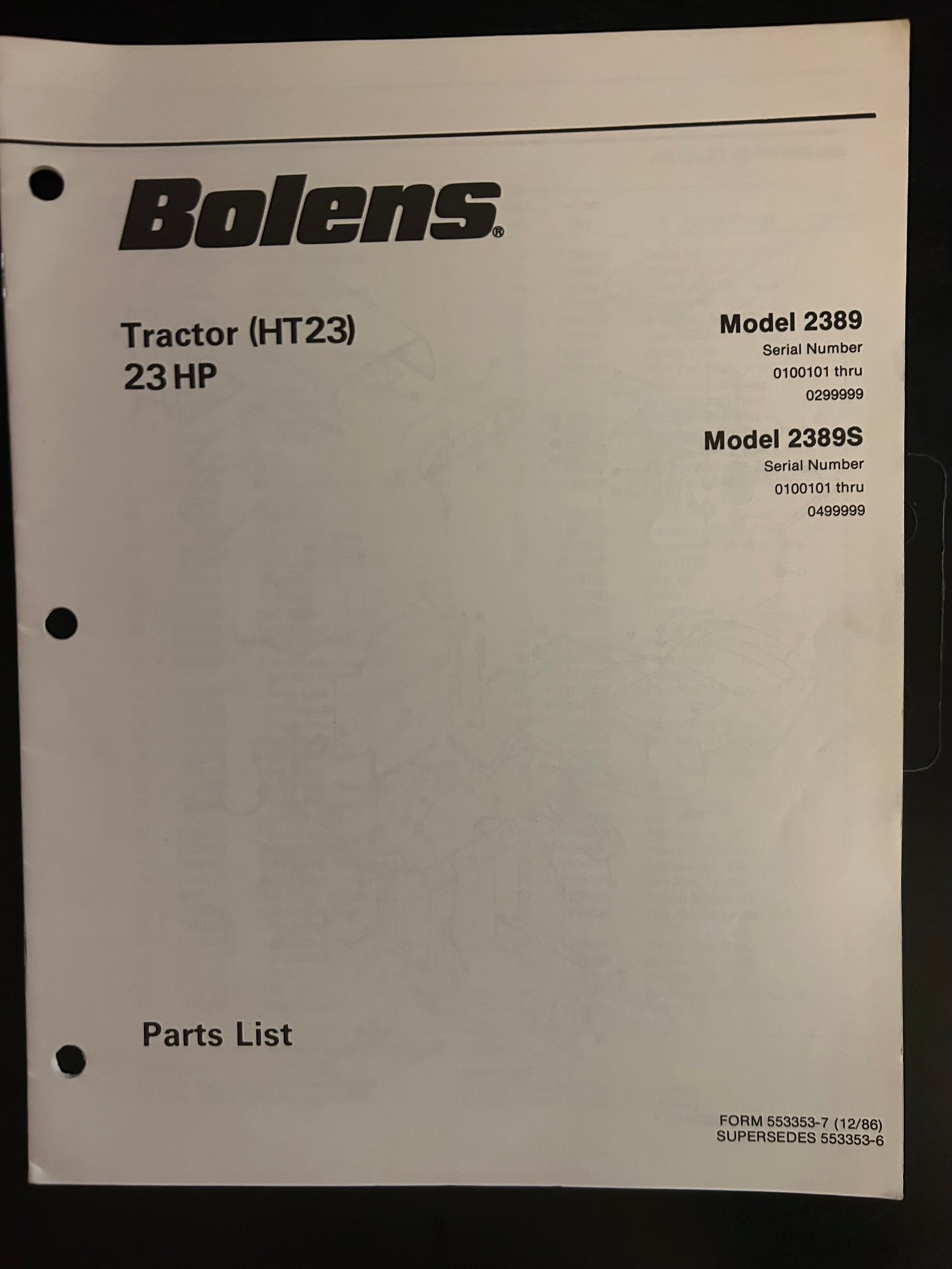 Bolens _ Tractor (HT23) 23 HP model 2389 _ Parts List
