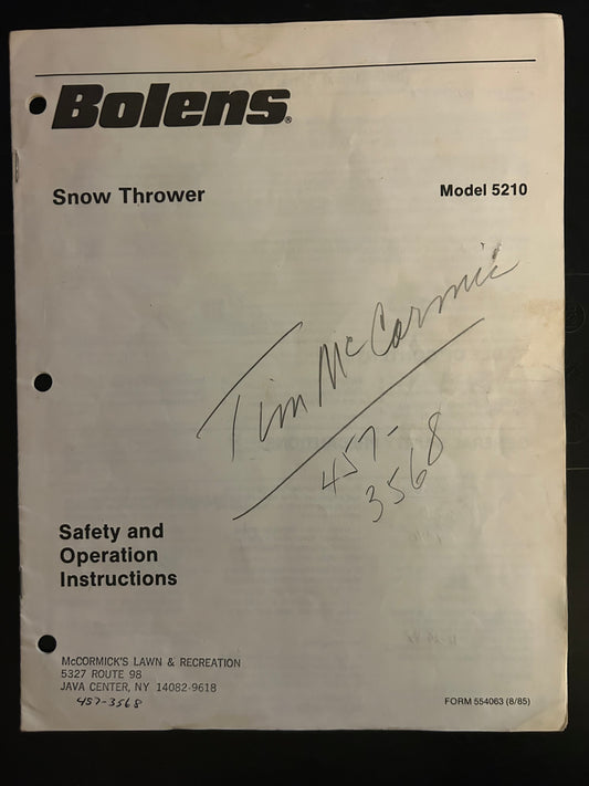 Bolens _ Snow Thrower model 5210 _ Safety & Operation Instructions