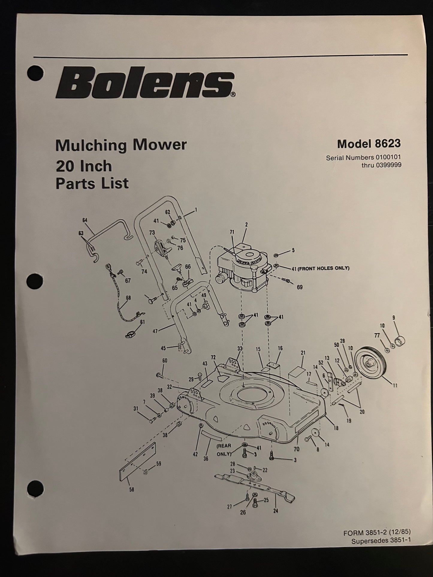 Bolens _ Mulching Mower 20” model 8623 _ Parts List