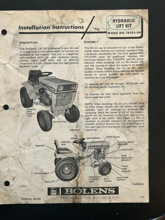 Bolens _ Hydraulic Lift Kit model 18703-06 _ Installation Instructions