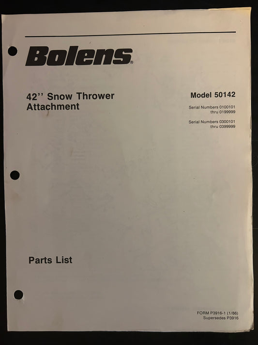 Bolens _ 42” Snow Thrower Attachment model 50142 _ Parts List