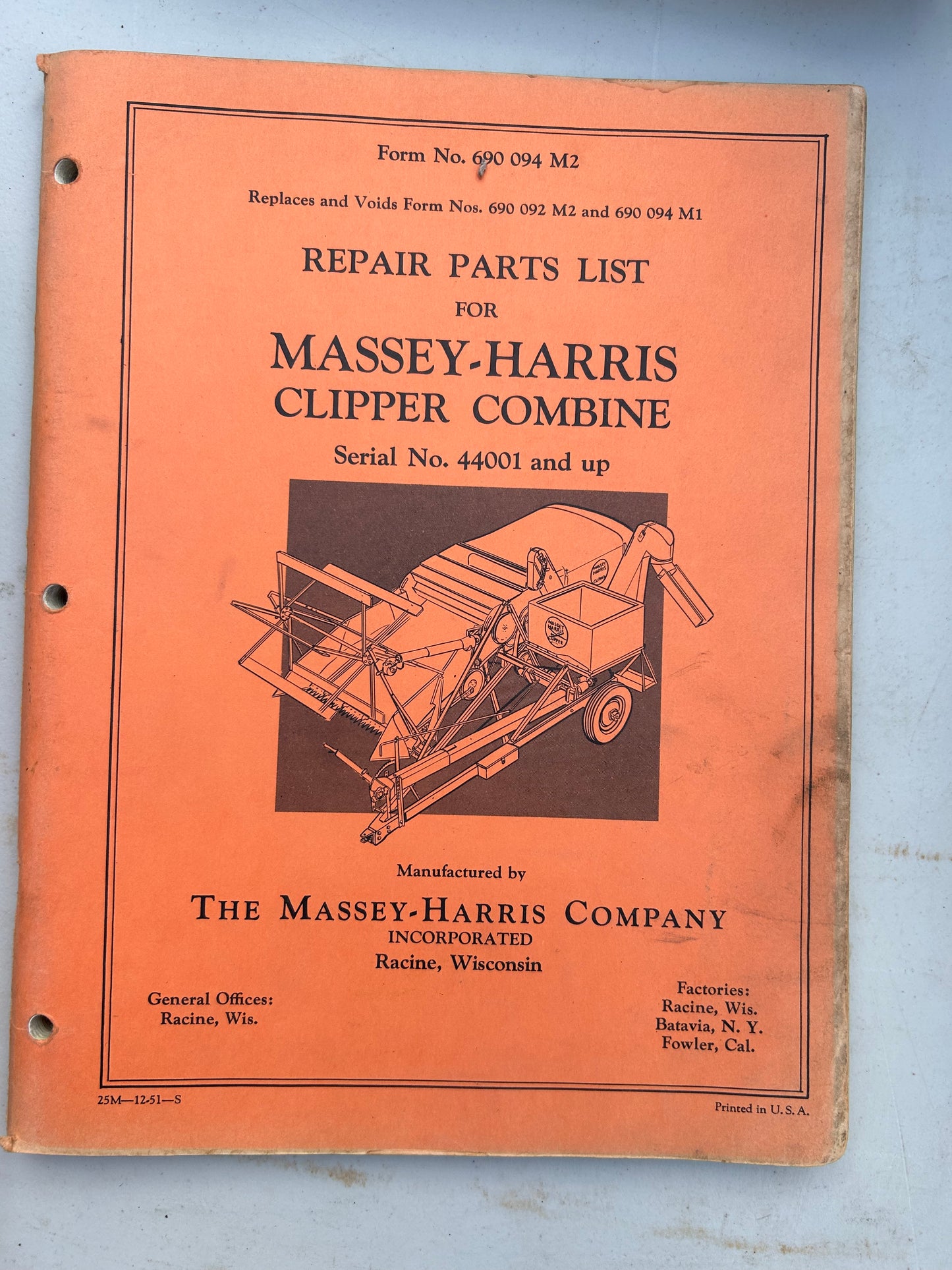 Massey-Harris 1 Clipper Combine serial no 44001 & up _ Repair Parts List