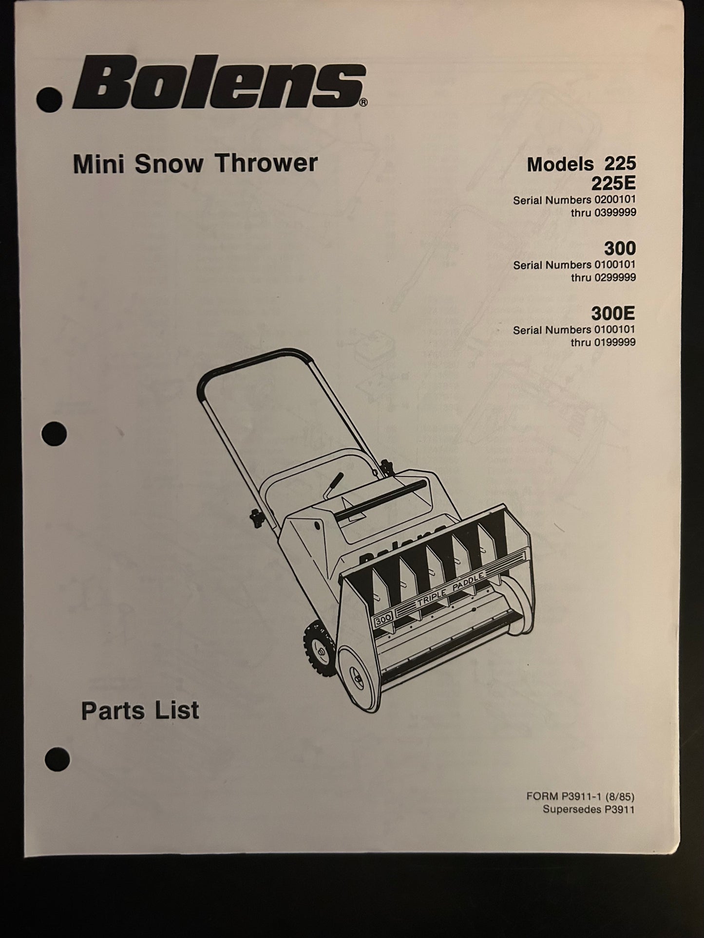 Bolens _ Mini Snow Thrower model 225, 225E, 350, 350E, 500 & 500E _ Parts List