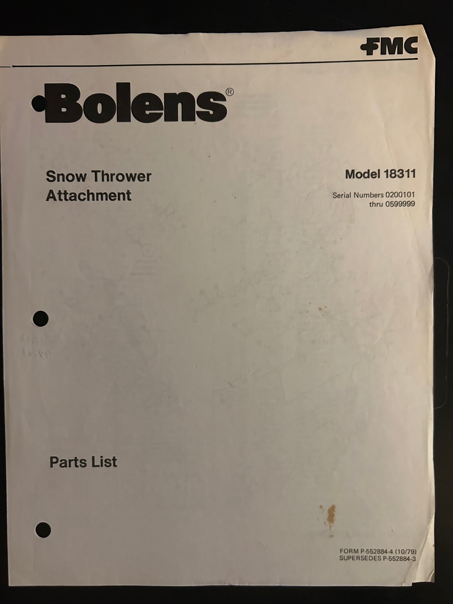 Bolens _ Snow Thrower Attachment model 18311 _ Parts List