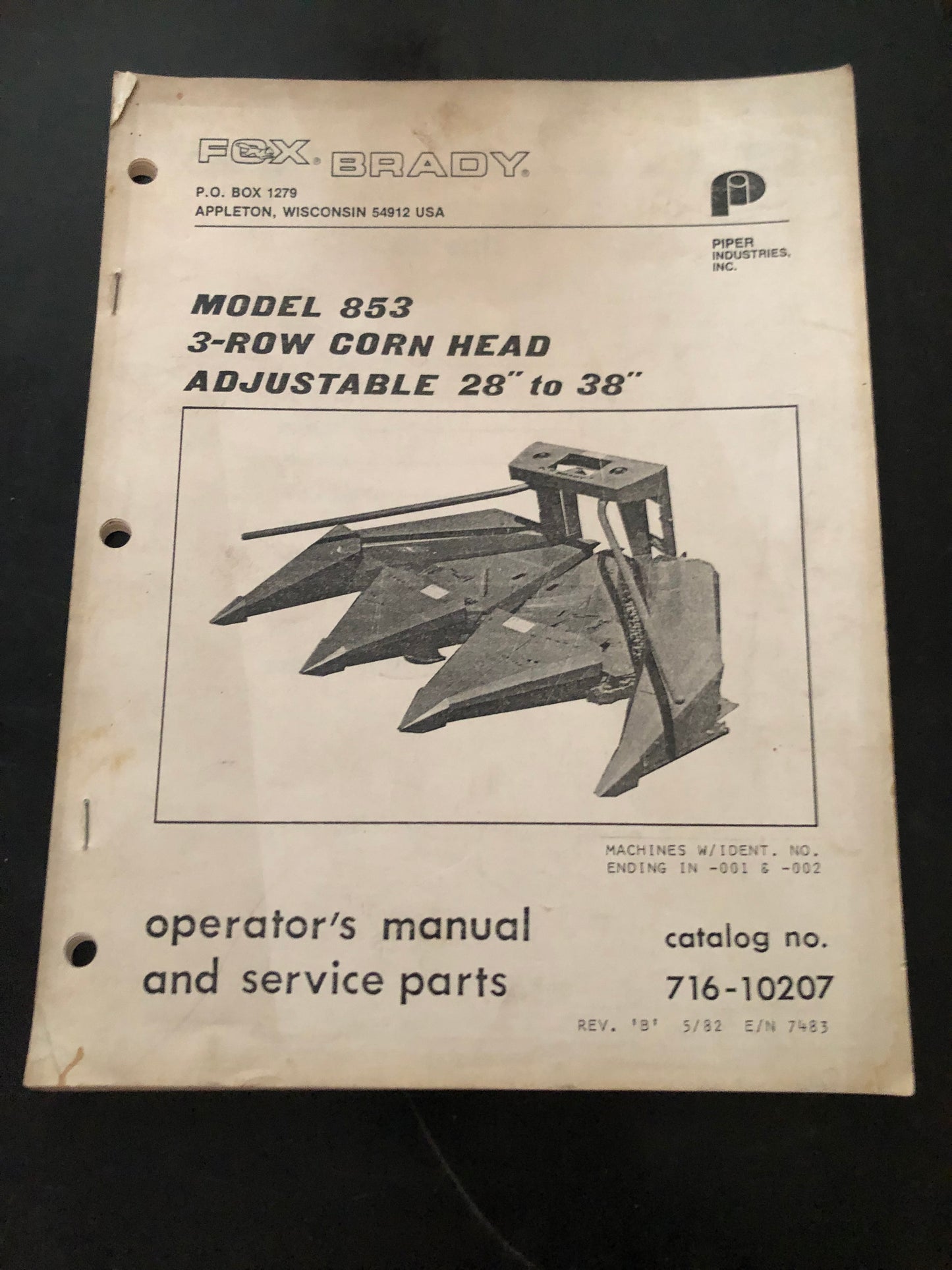 Fox Brady _ model 853 3-Row Corn Head Adjustable 28-38” _ Operator’s Manual & Service Parts no 716-10207