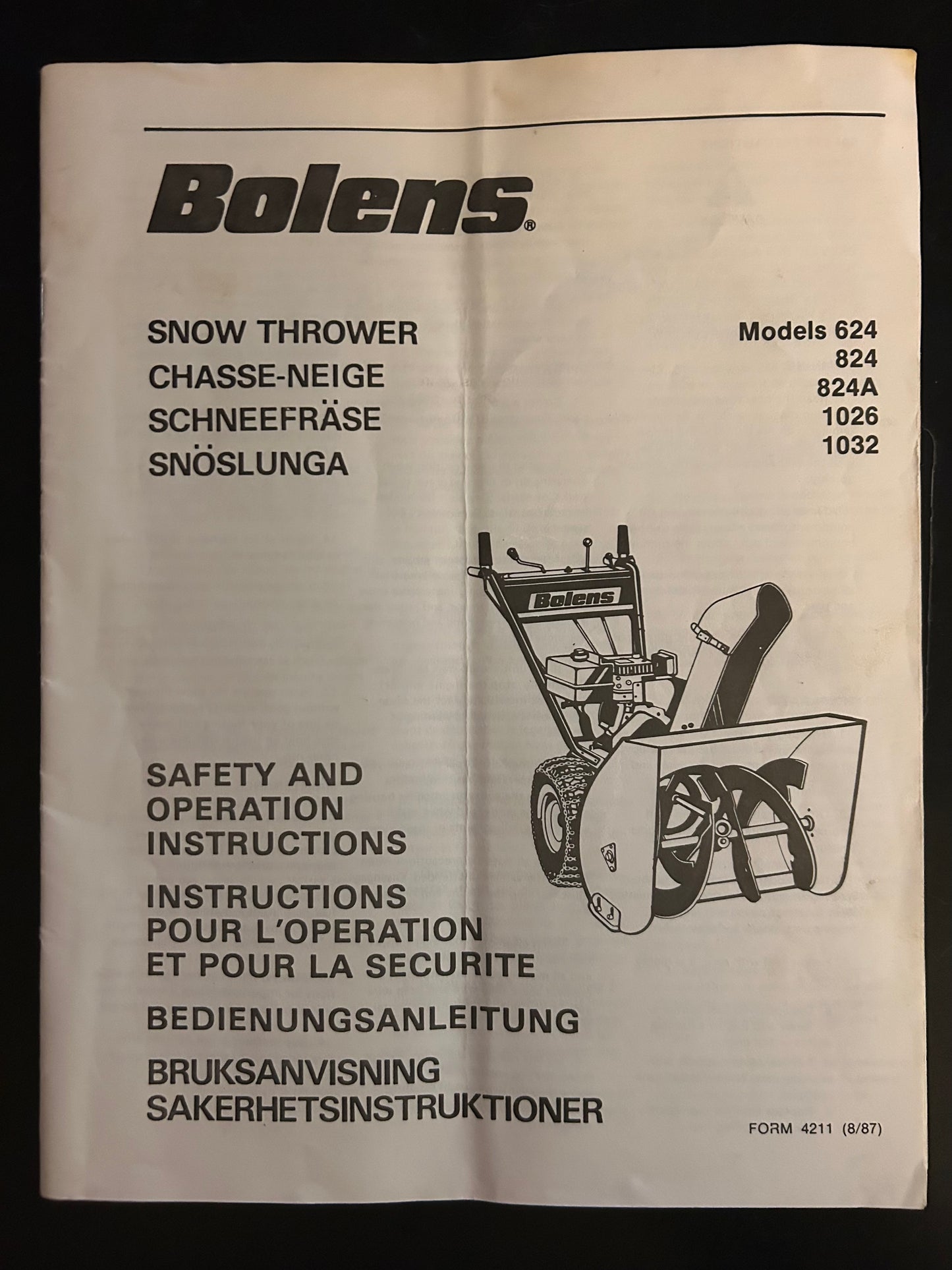 Bolens _ Snow Thrower model 624, 823, 824A, 1026 & 1032 _ Safety & Operation Instructions