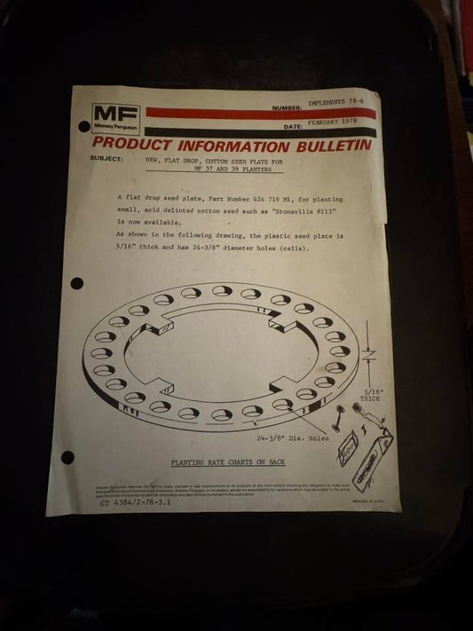 Massey Ferguson _ Flat Top, Cotton Seed Plate for MF 37 & 39 Planters February 1978 _ Product Info Bulletin