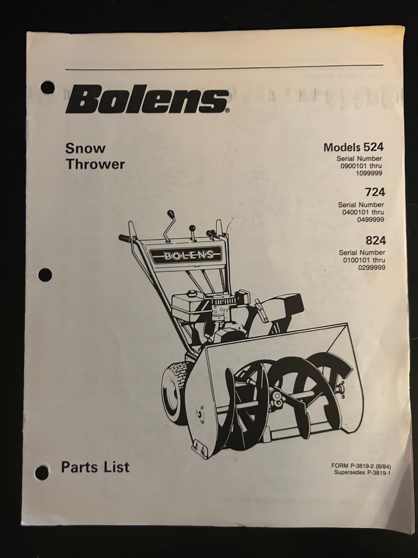 Bolens _ Snow Thrower model 524, 724 & 824 _ Parts List