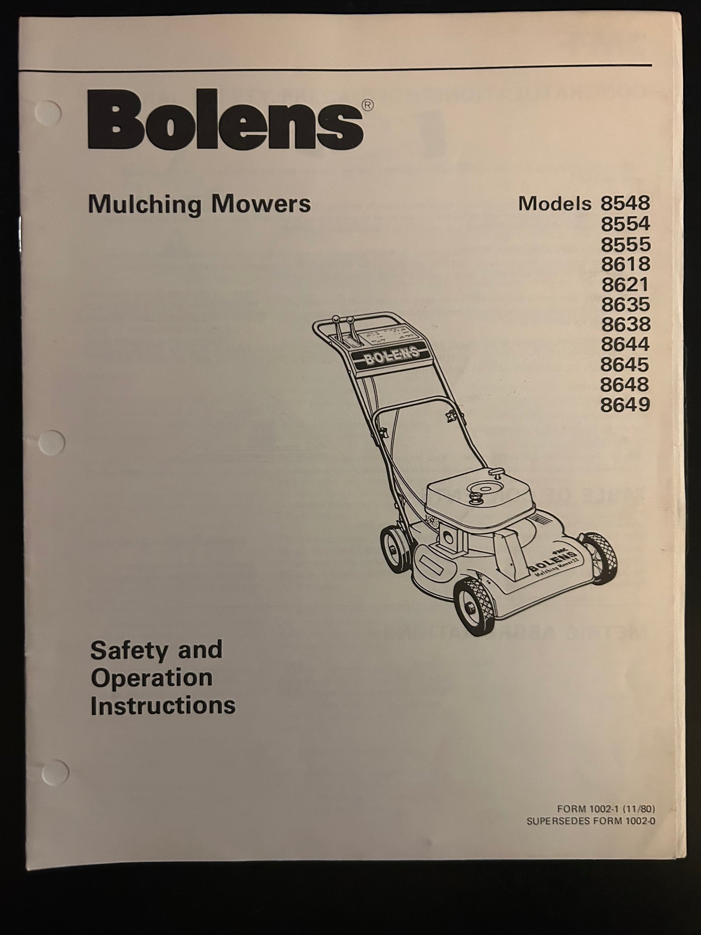 Bolens _ Mulching Mowers models 8548, 8554, 8555, 8618, 8621, 8635, 8638, 8644, 8645, 8648 & 8649 _ Safety & Operation Instructions