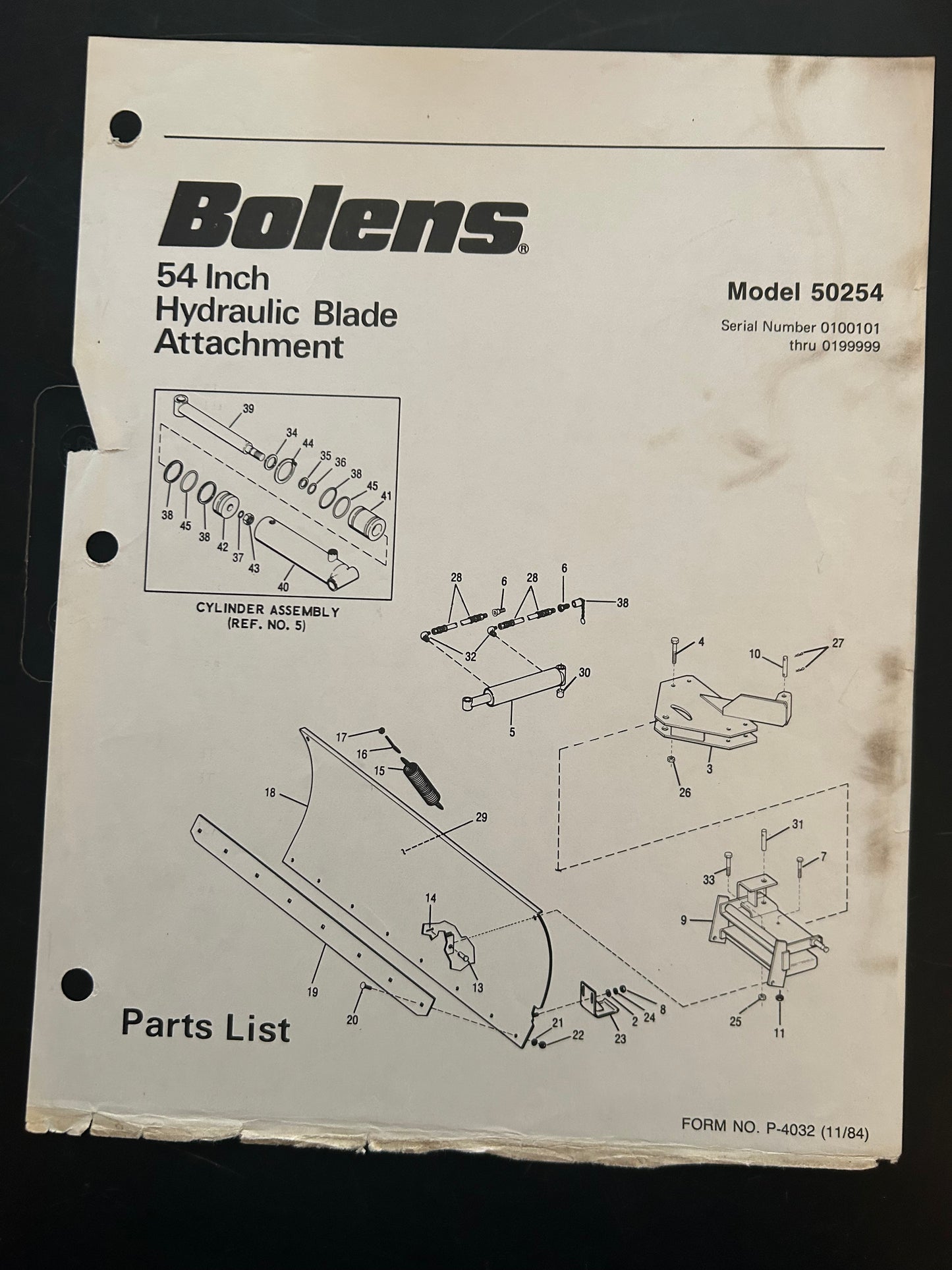 Bolens _ 54” Hydraulic Blade Attachment model 50254 _ Parts List