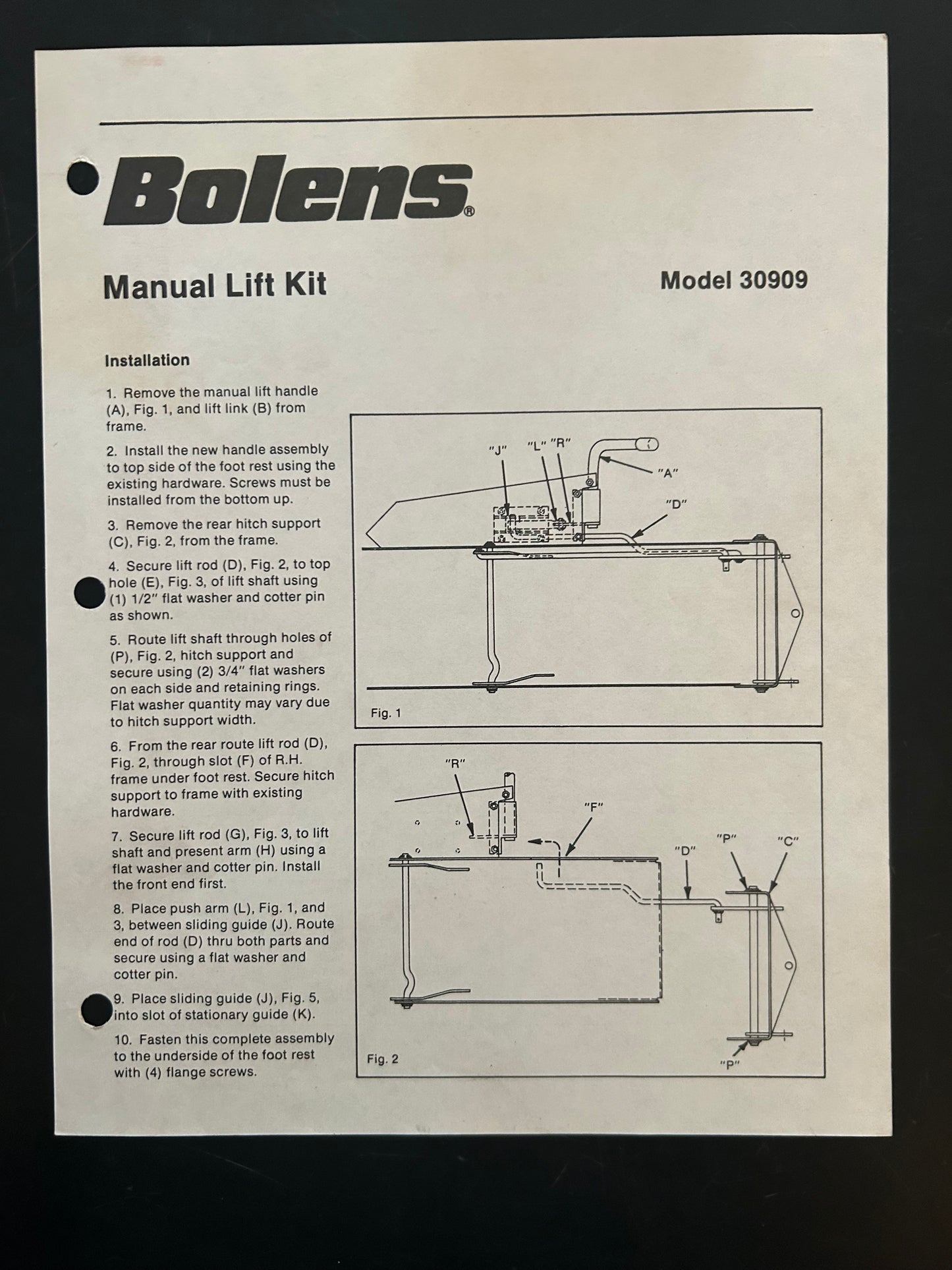 Bolens _ Manual Lift Kit model 30909 _ Installation Instructions