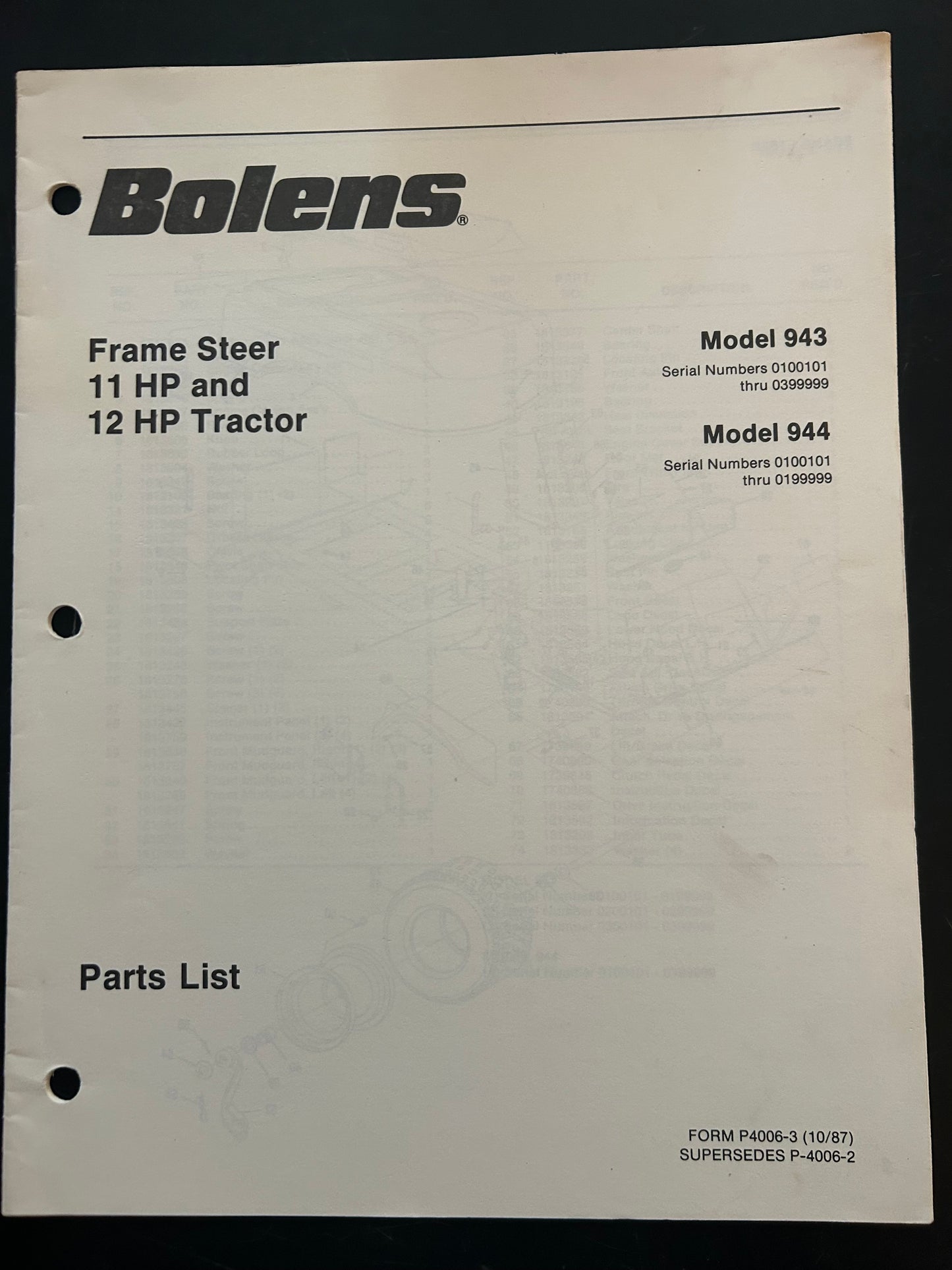Bolens _ Frame Steer 11 HP & 12 HP Tractor model 943 & 944 _ Parts List
