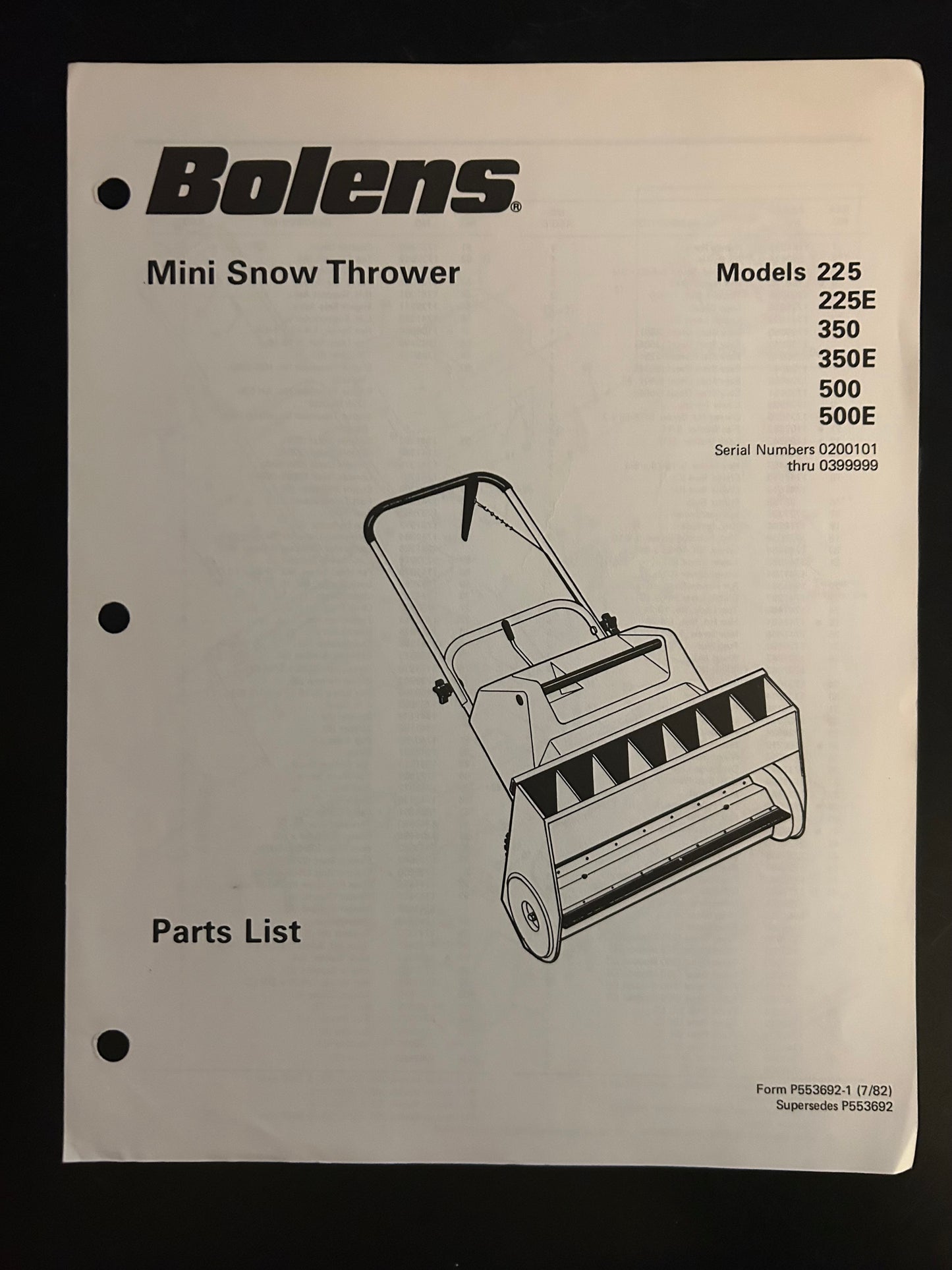 Bolens _ Mini Snow Thrower model 225, 225E, 350, 350E, 500 & 500E _ Parts List