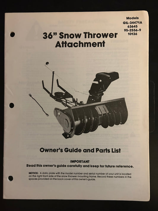 Bolens _ 36” Snow Thrower Attachment models GIL-34471A, 63645, 95-2556-9 & 10136 _ Owner’s Guide & Parts List