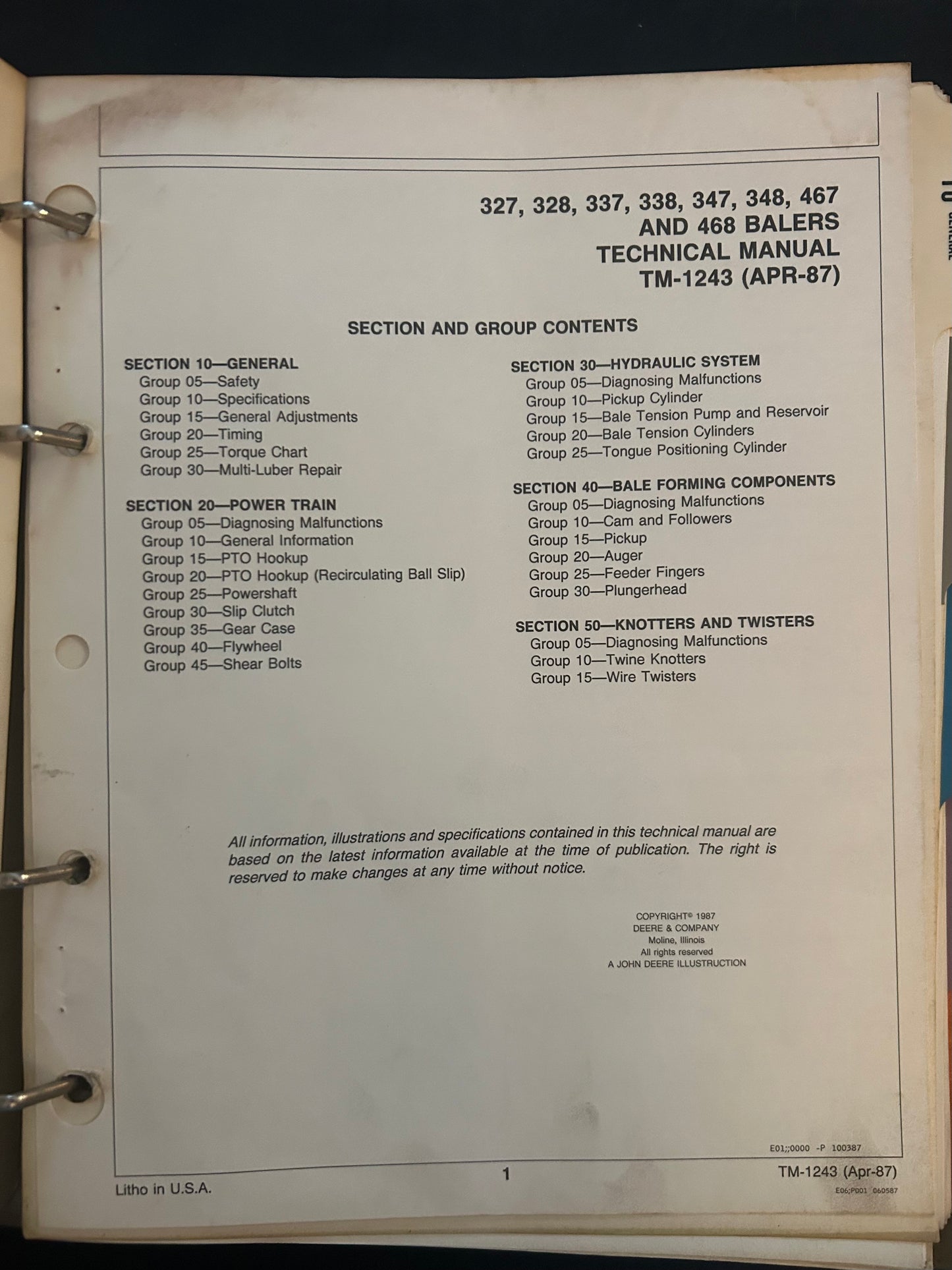 John Deere _ 327, 328, 337, 338, 347, 348, 467 & 468 Balers _ Technical Manual TM-1423
