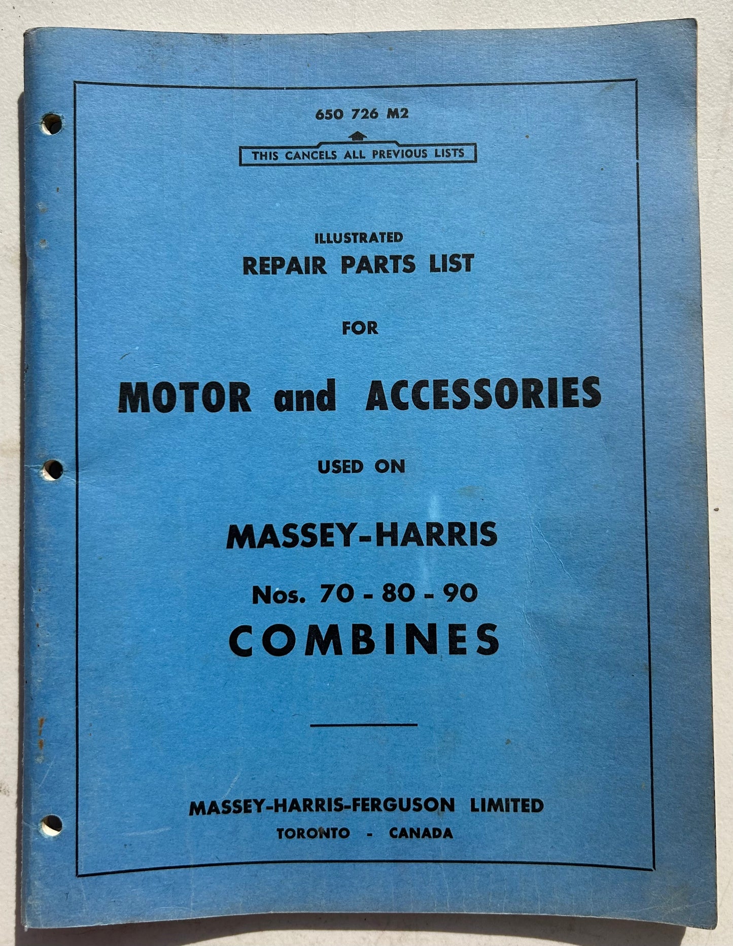 Massey-Harris Motor & Accessories for No 70 - 80 -90 Combines _ Illustrated Repair Parts List