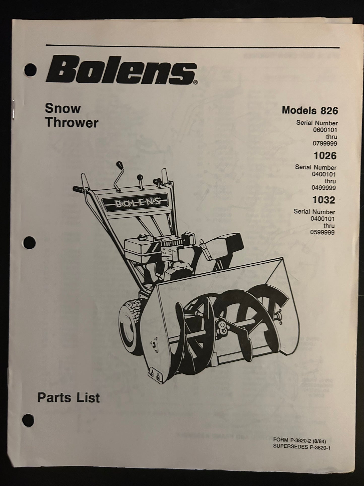 Bolens _ Snow Thrower model 826, 1026 & 1032 _ Parts List