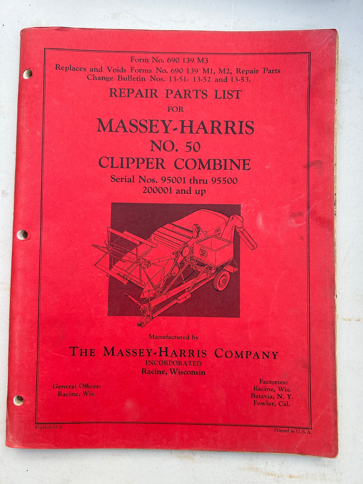 Massey-Harris No 50 Clipper Combine _ Repair Parts List