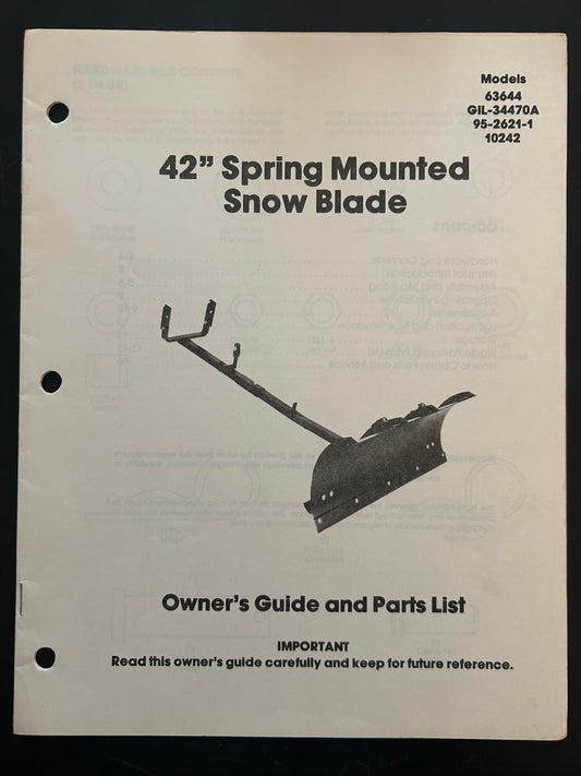 Bolens _ 42” Spring Mounted Snow Blade models 636, GIL-34470A, 95-2621-1 & 10242 _ Owner’s Guide & Parts List