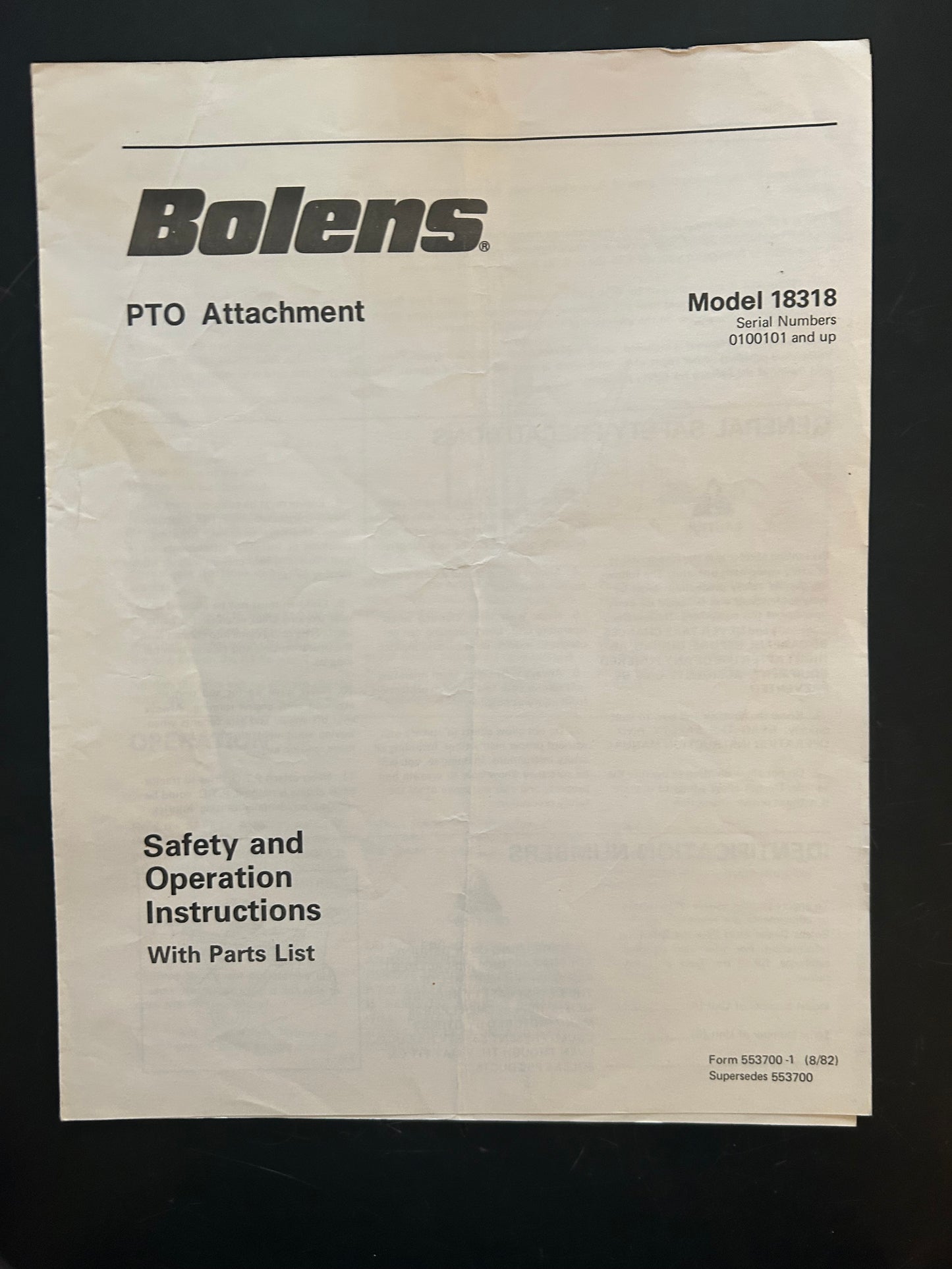 Bolens _ PTO Attachment model 18318 _ Safety & Operation Instructions with Parts List