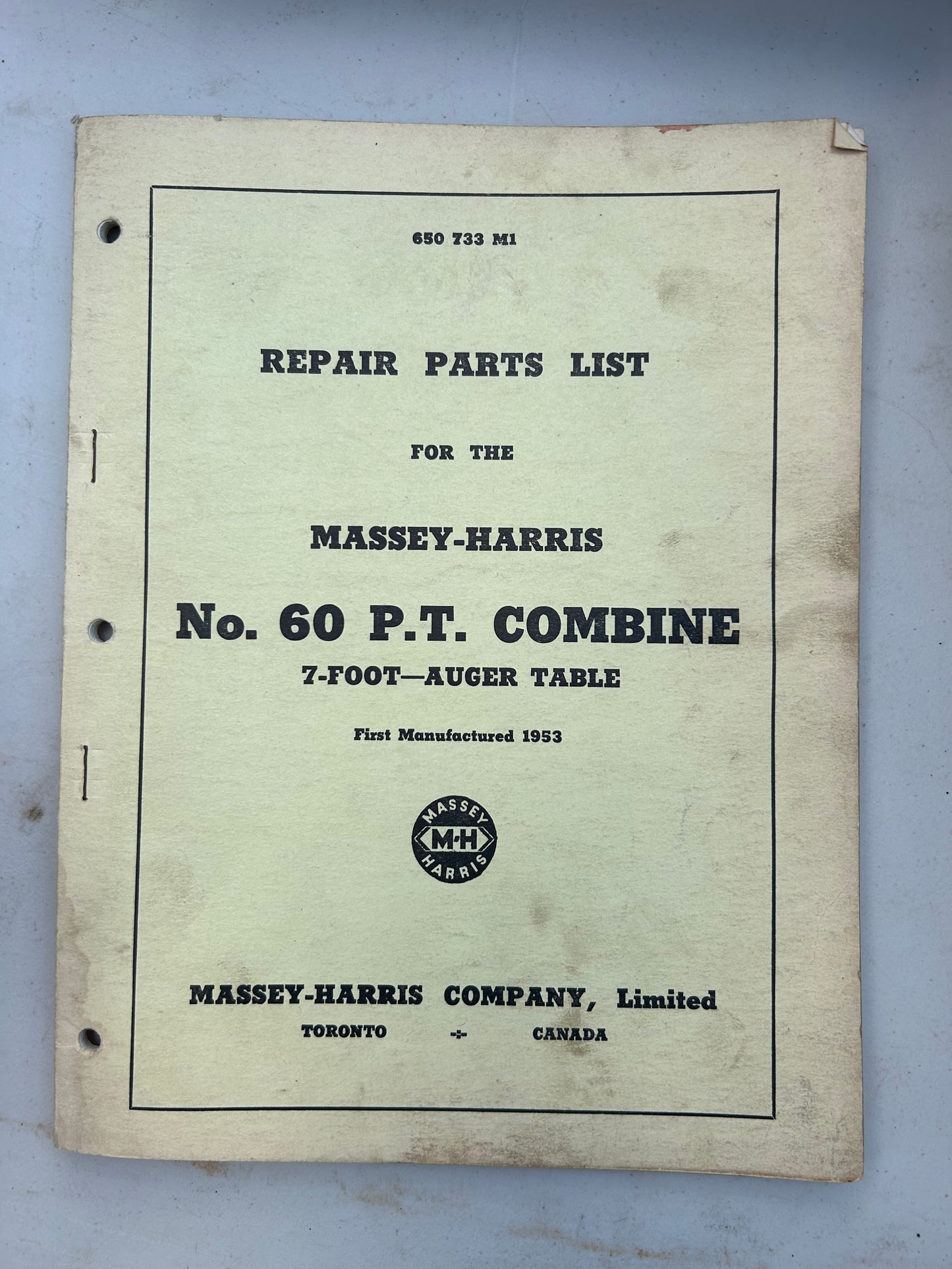 Massey-Harris No 60 PT Combine _ Repair Parts List