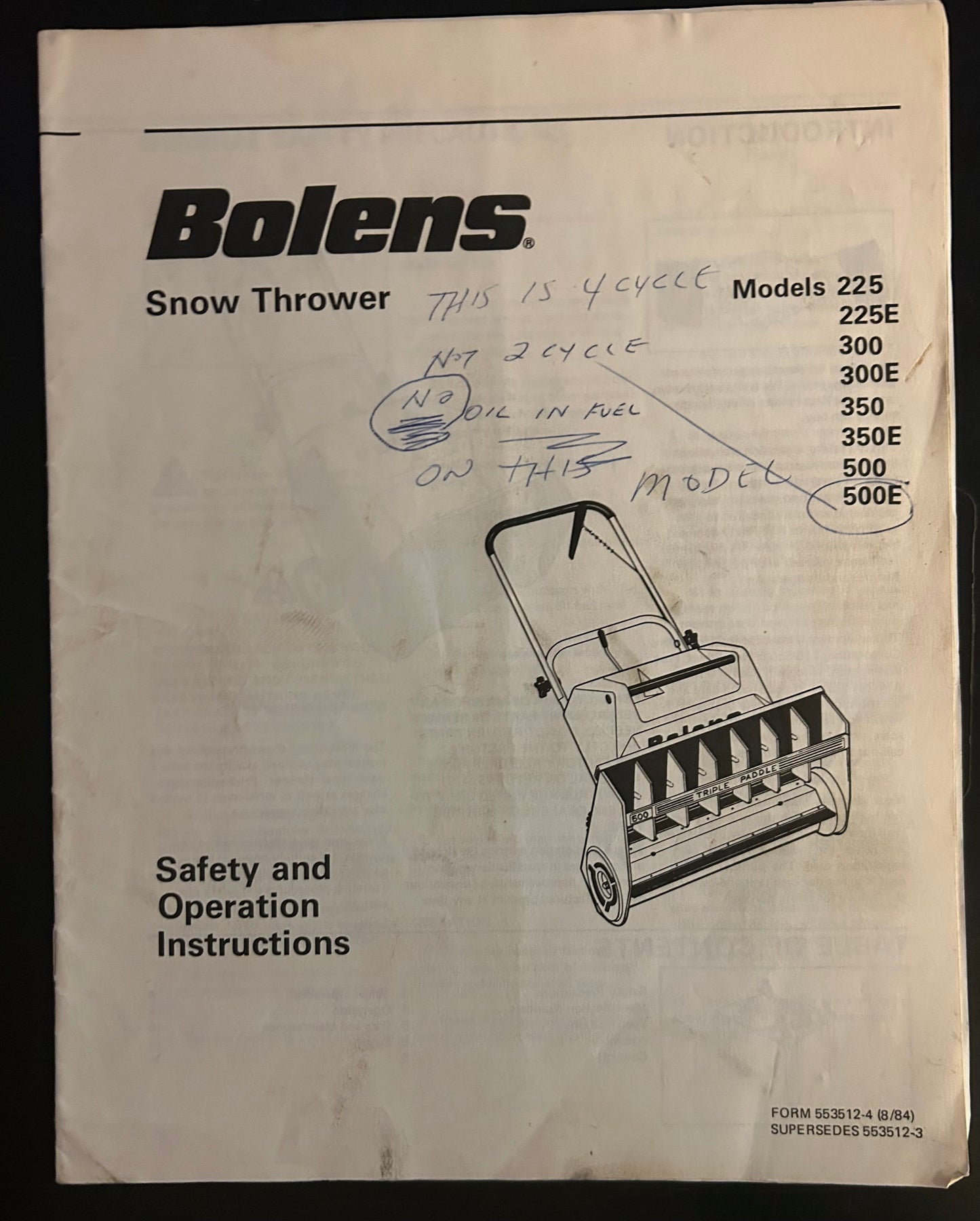 Bolens _ Mini Snow Thrower model 225, 225E, 350, 350E, 500 & 500E _ Parts List