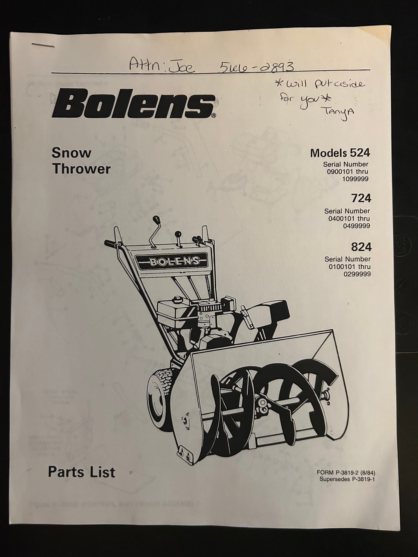 Bolens _ Snow Thrower model 524, 724 & 824 _ Parts List