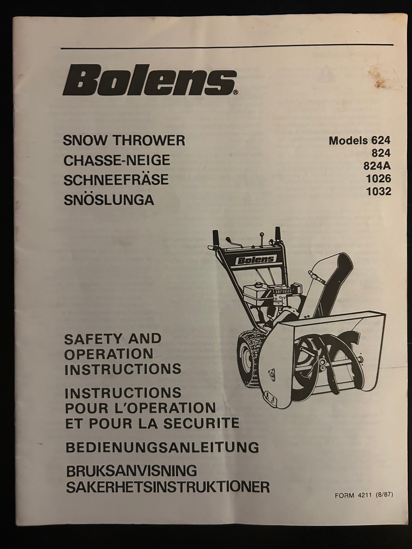 Bolens _ Snow Thrower model 623, 824, 824A, 1026 & 1032 _ Safety & Operation Instructions