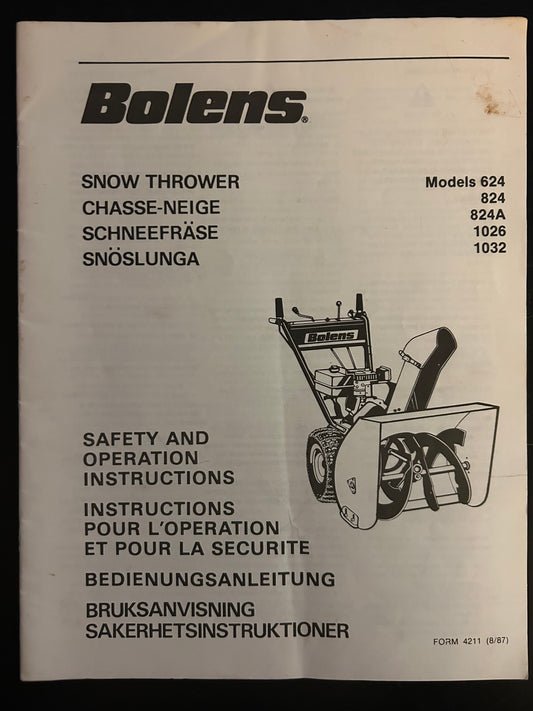 Bolens _ Snow Thrower model 623, 824, 824A, 1026 & 1032 _ Safety & Operation Instructions
