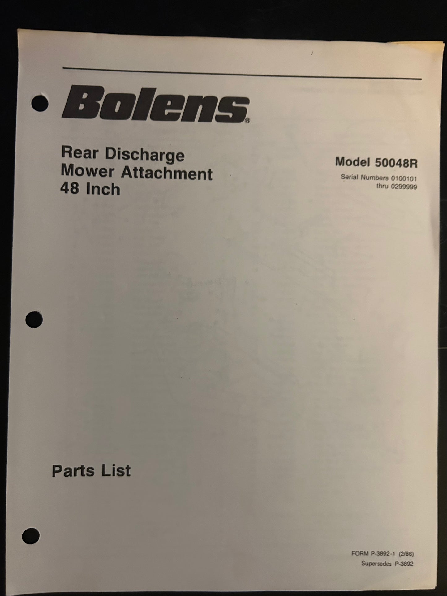 Bolens _ Rear Discharge Mower Attachment 48” model 50048R _ Parts List