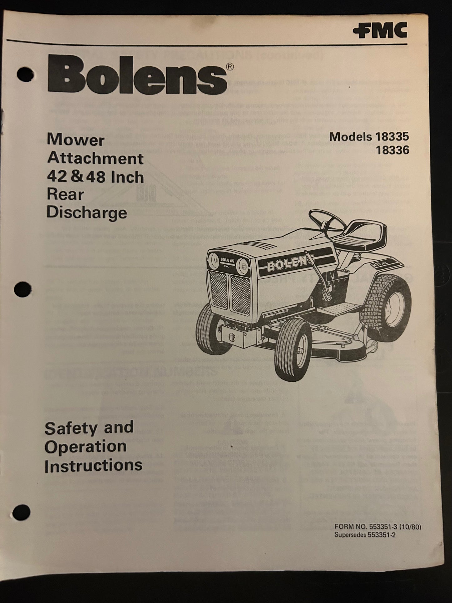 Bolens _ Mower Attachment 42” & 48” Rear Discharge model 18335 & 18336 _ Safety & Operation Instructions