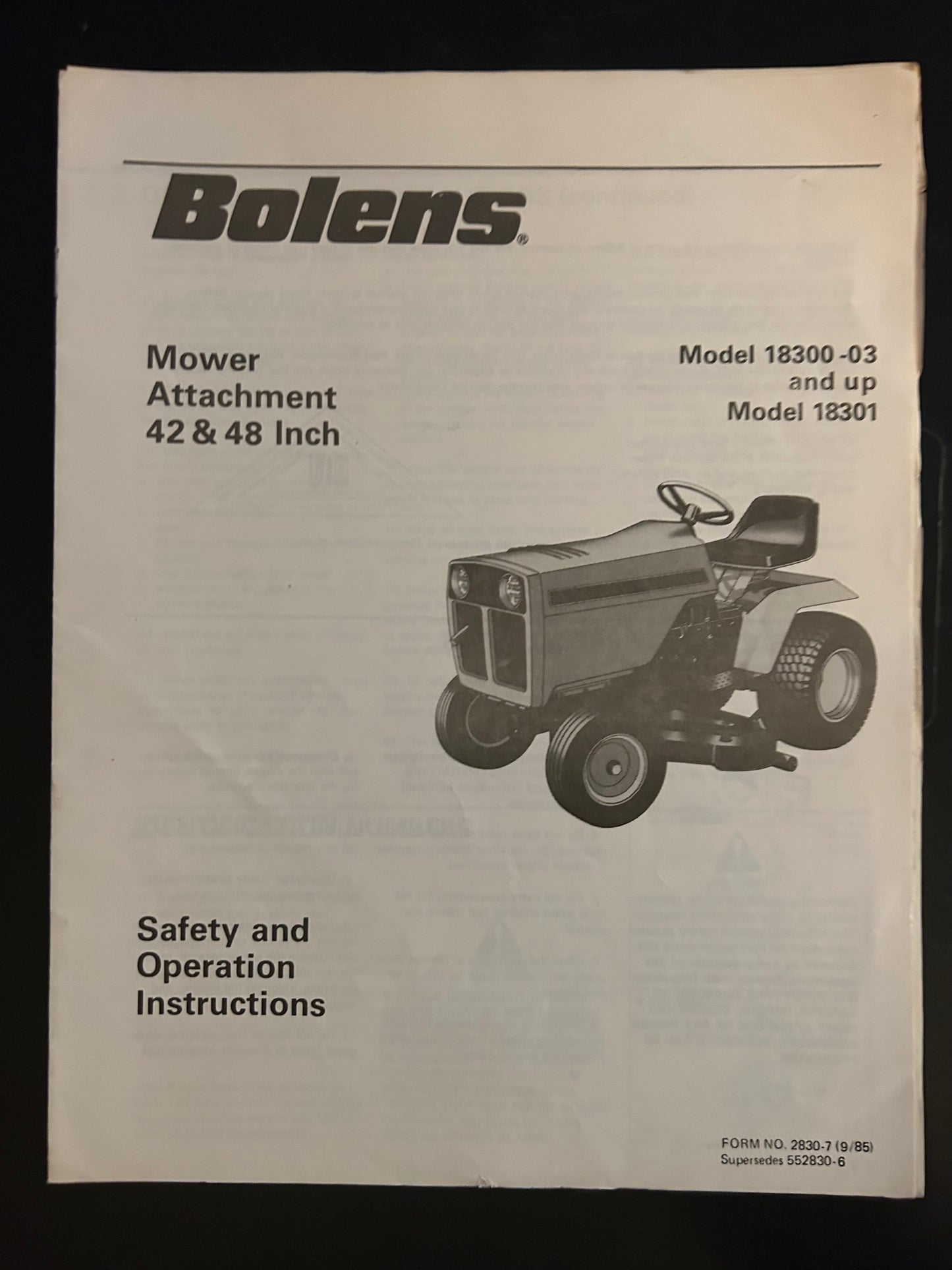 Bolens _ Mower Attachment 42” & 48” model 18300-03 and Up & 18301 _ Safety & Operation Instructions