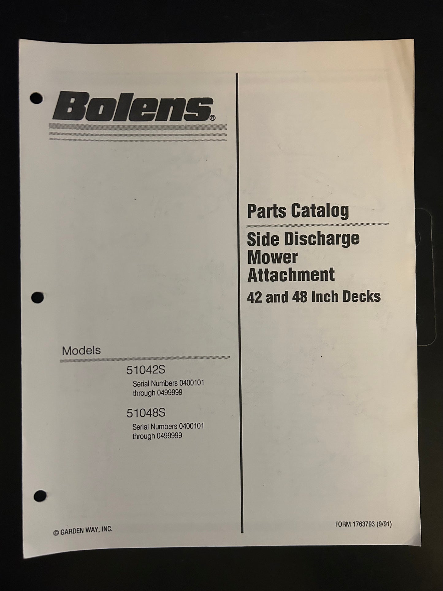 Bolens _ Side Discharge Mower Attachment 42” & 48” model 51042S & 51048S _ Parts Catalog