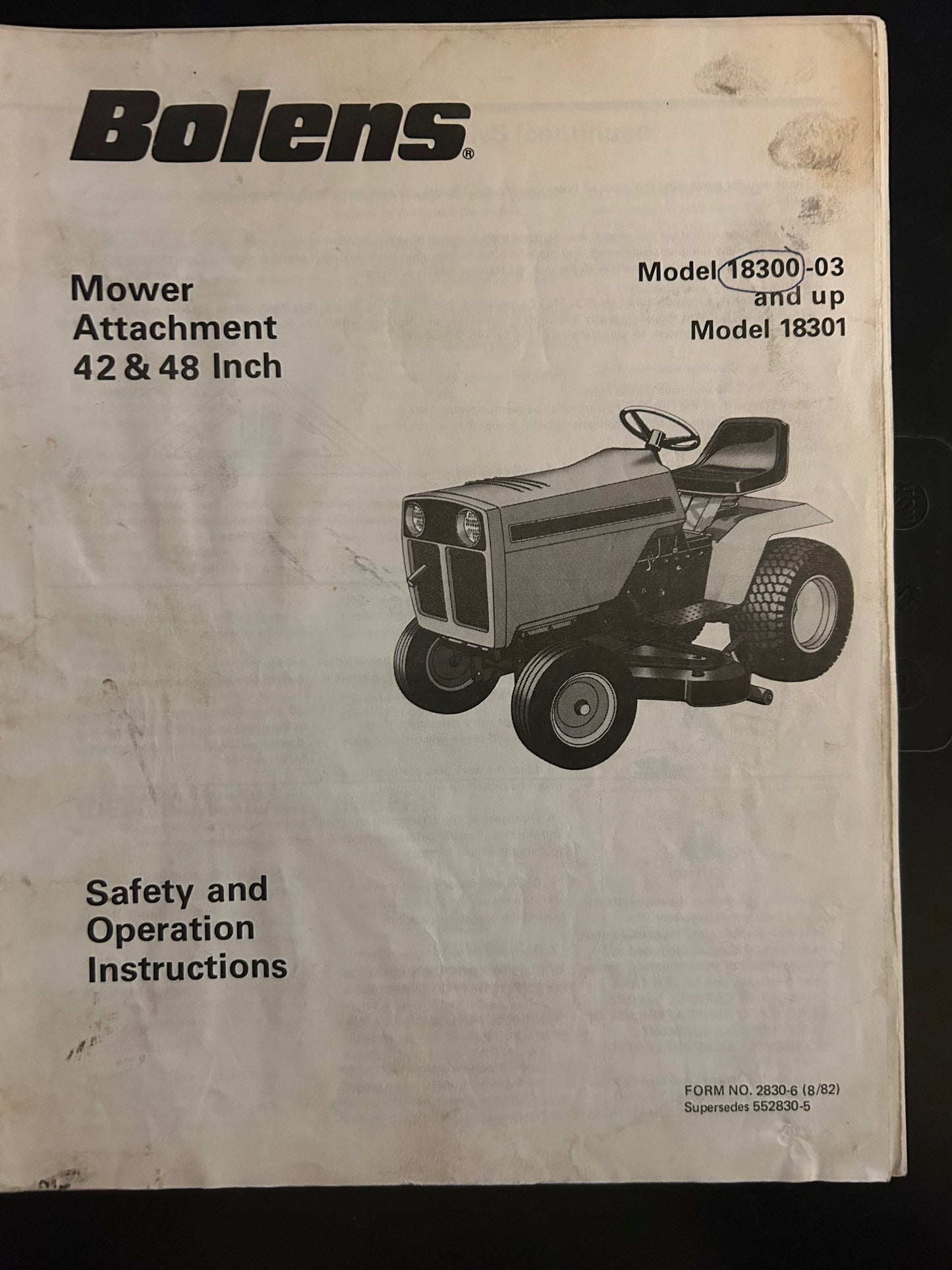 Bolens _ Mower Attachment 42” & 48” model 18300-03 and Up & 18301 _ Safety & Operation Instructions