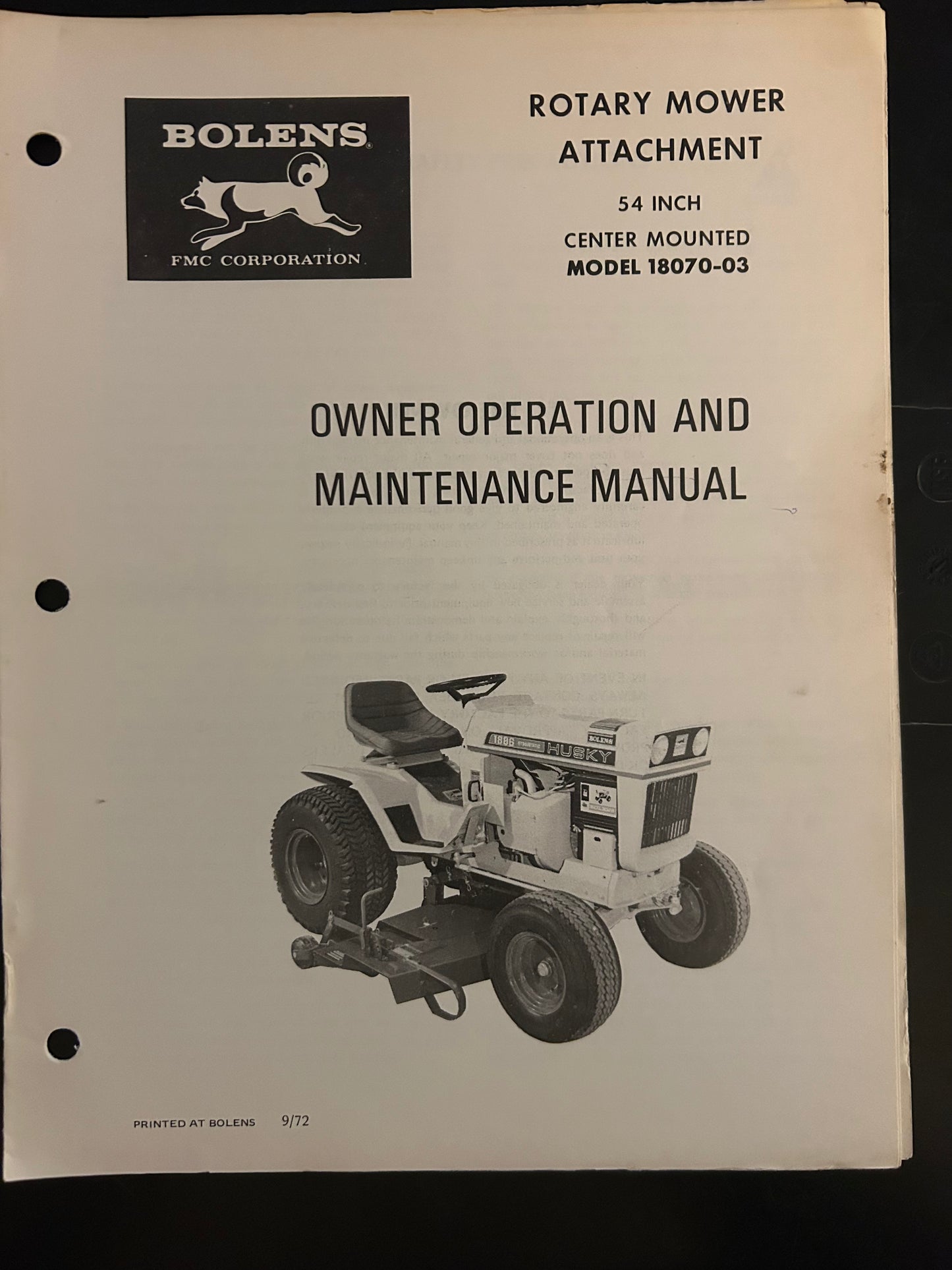 Bolens _ Rotary Mower Attachment 54” Center mounted model 18070-03 _ Owner Operation & Maintenance Manual