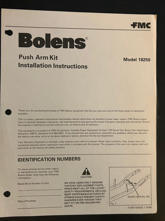 Bolens _ Push Arm Kit model 19250 _ Installation Instructions