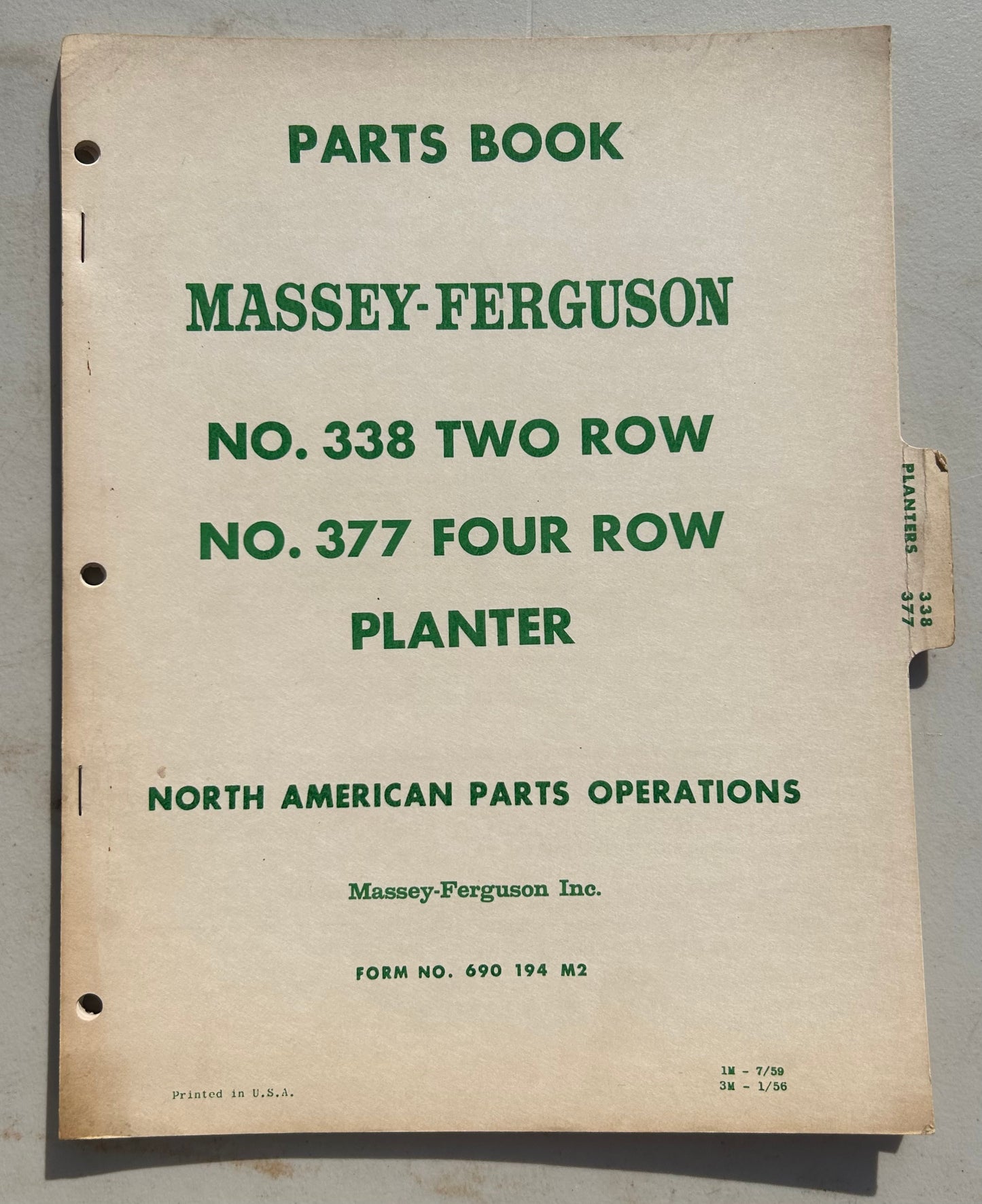Massey Ferguson No 338 (two row) & 377 (four row) Planter _ Parts Book