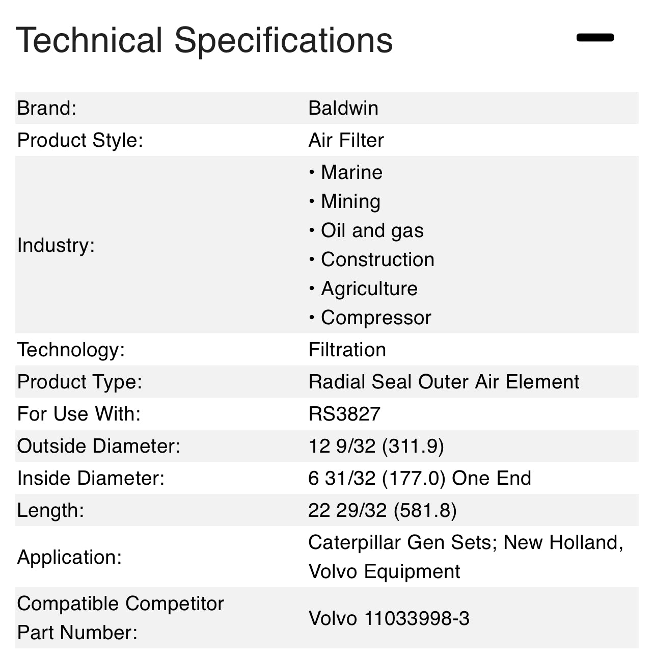 Baldwin RS3826 Air Filter