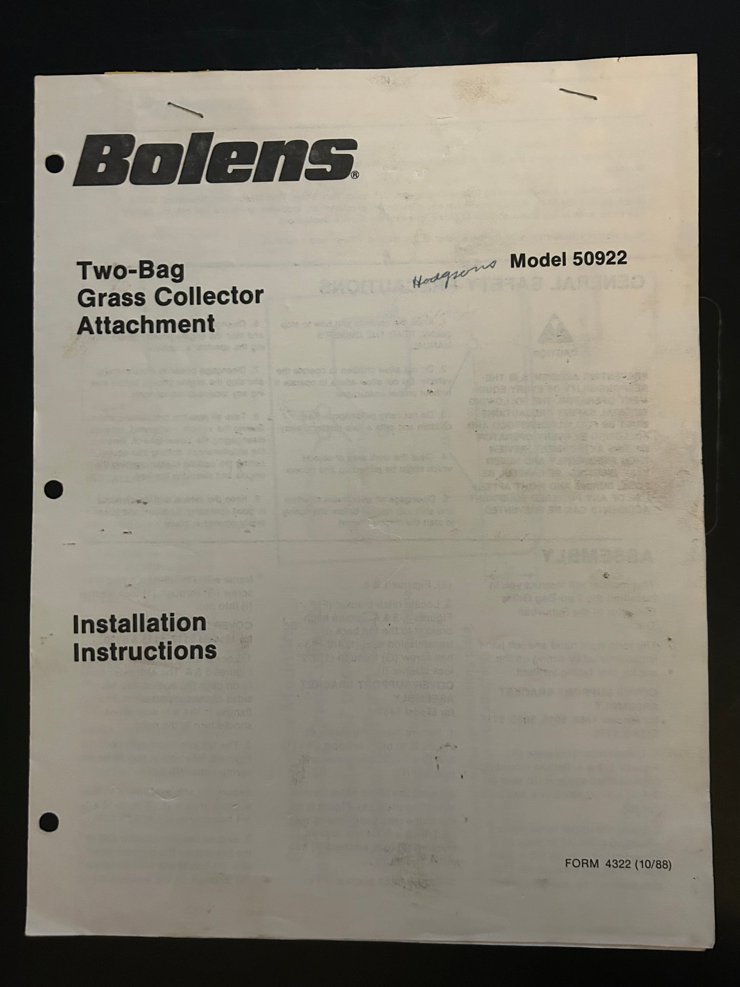 Bolens _ Two-Bag Grass Collector Attachment model 50922 _ Installation Instructions