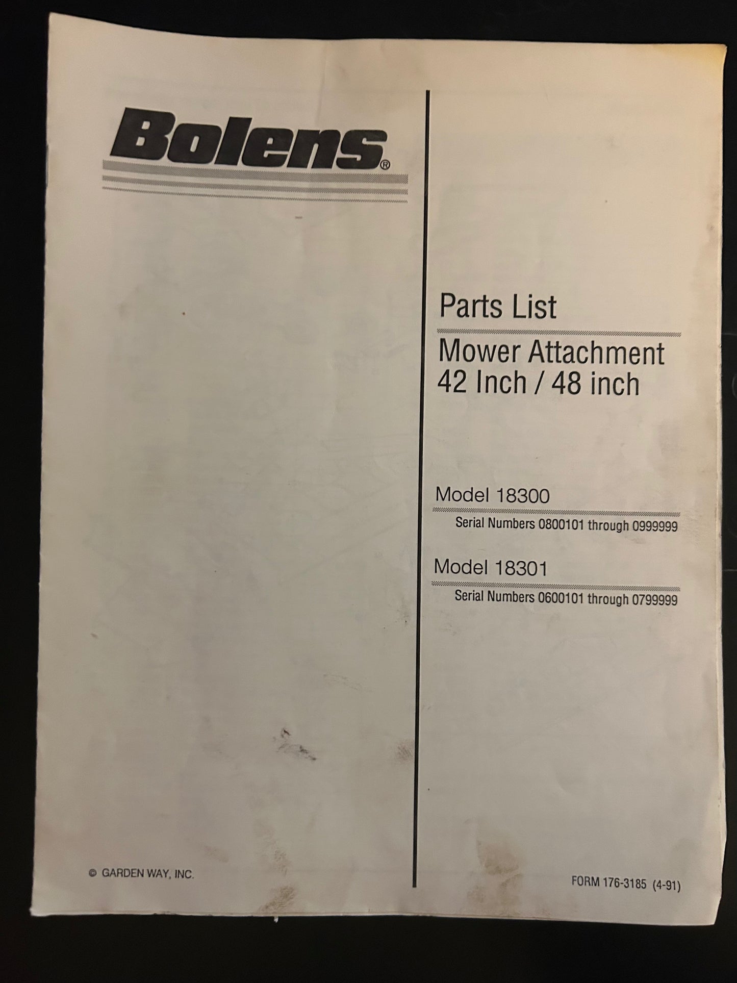 Bolens _ Mower Attachment 42” & 48” model 18300 & 18301 _ Parts List