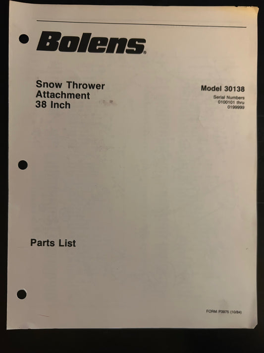 Bolens _ Snow Thrower Attachment 38” model 30138 _ Parts List