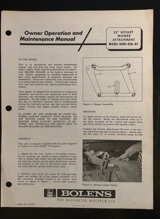 Bolens _ 32” Rotary Mower Attachment model 18001-03 & 04 _ Owner Operation & Maintenance Manual