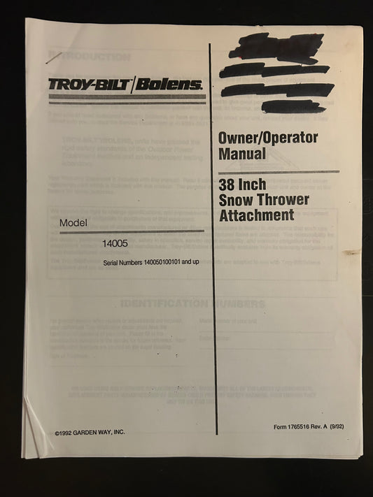 Bolens / Troy-Bilt _ 38” Snow Thrower Attachment model 14005 _ Owner/Operator Manual