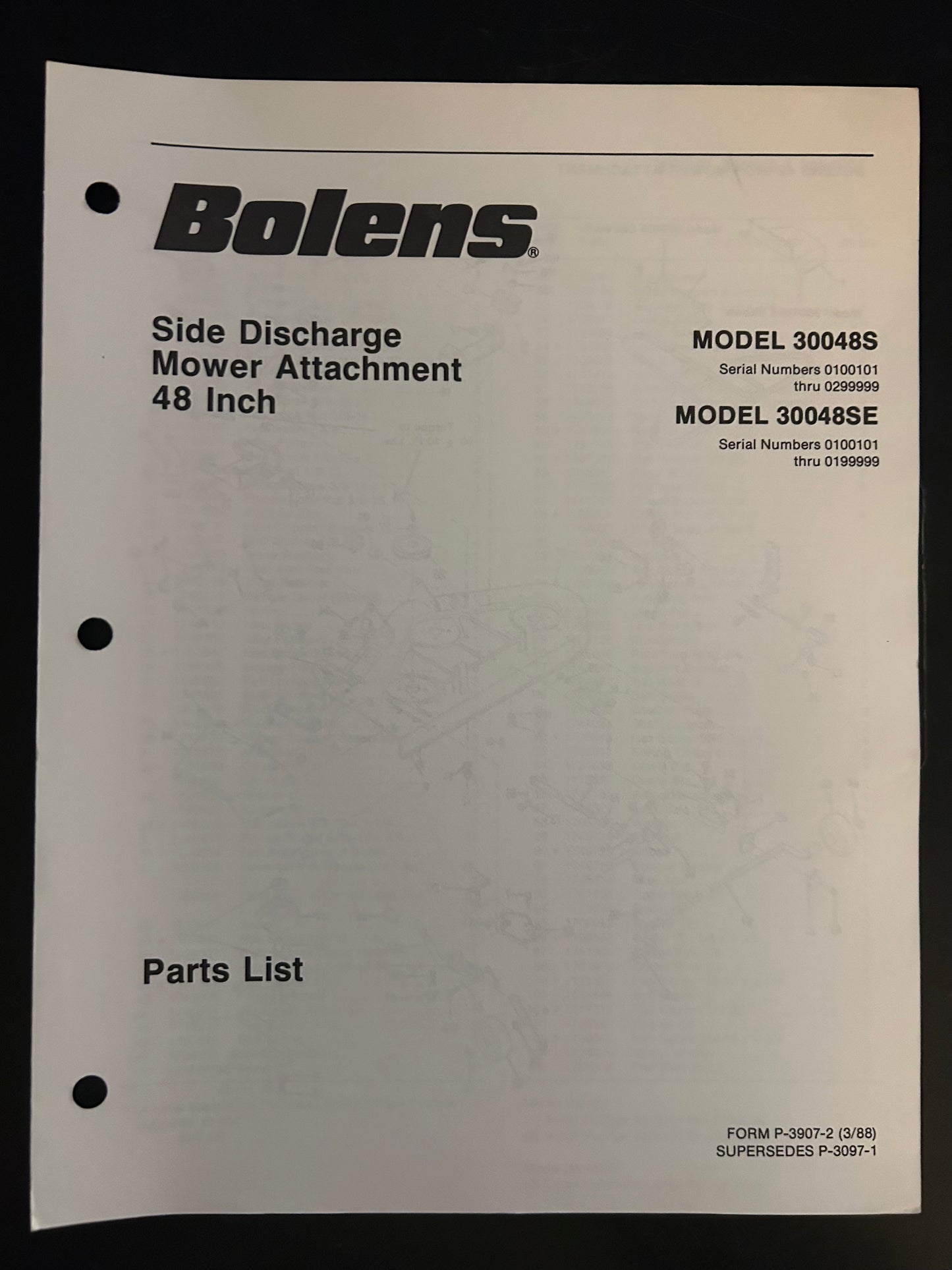 Bolens _ Side Discharge Mower Attachment 48” model 30048S & 30048SE _ Parts List